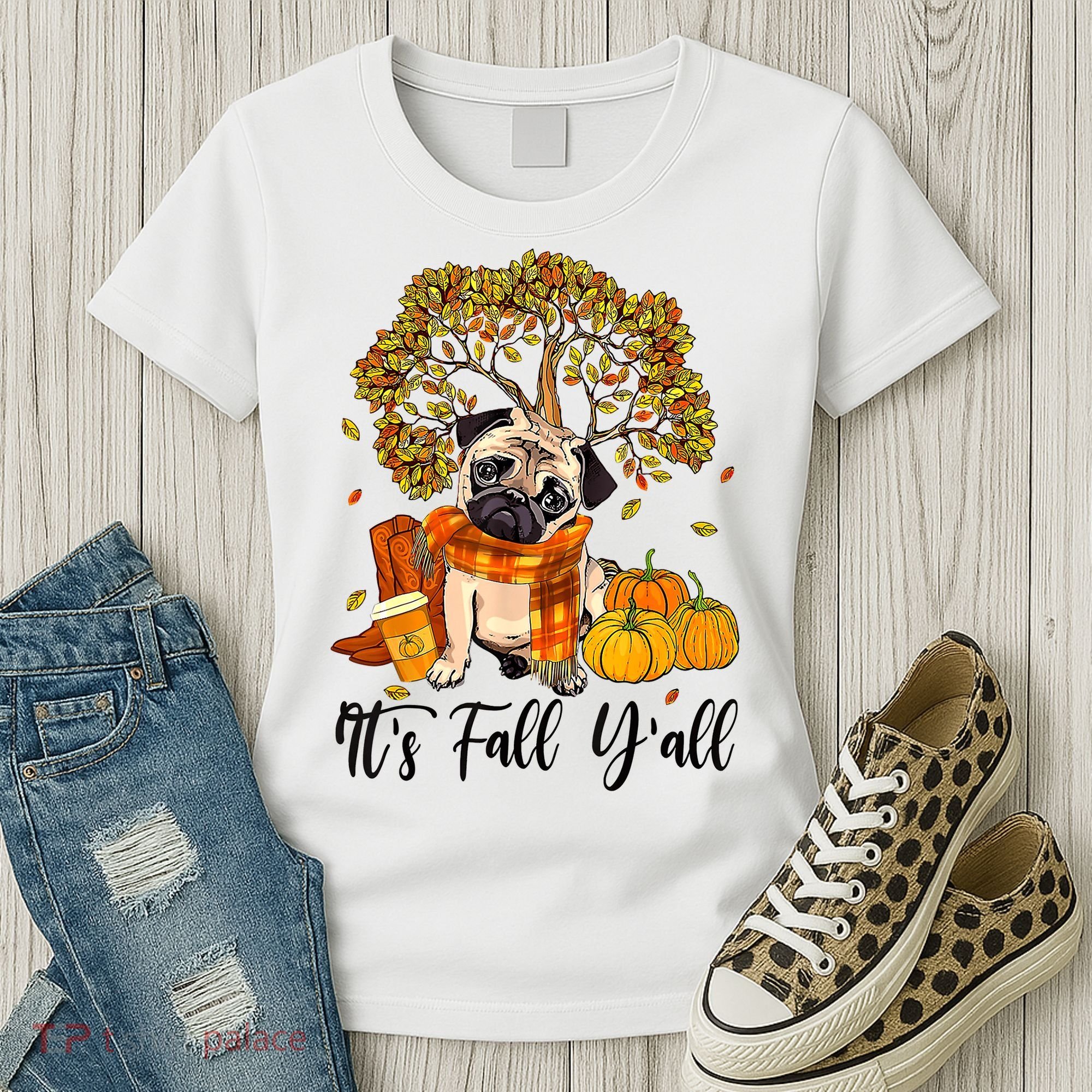 It's Fall Y'all Pug Dog Pumpkin Autumn Thanksgiving Women's T-Shirt