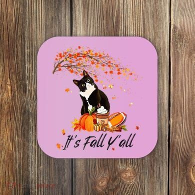 It's Fall Y'all Cute Black Cat Lovers Thanksgiving Halloween Coaster