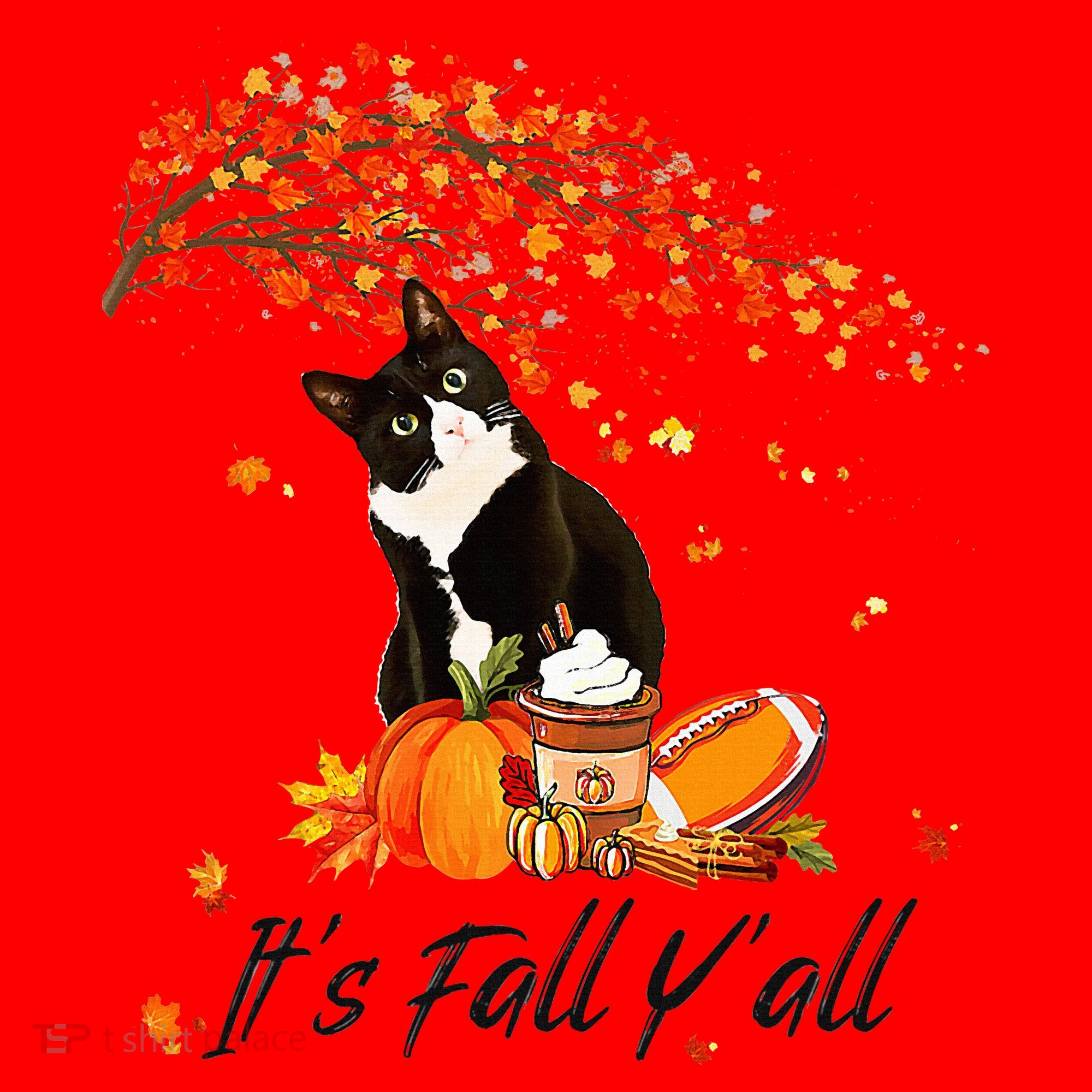 It's Fall Y'all Cute Black Cat Lovers Thanksgiving Halloween Santa Hat