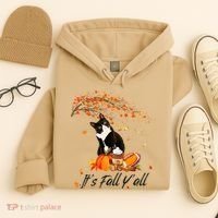 It's Fall Y'all Cute Black Cat Lovers Thanksgiving Halloween Hoodie thumb 4