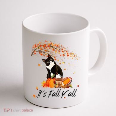 It's Fall Y'all Cute Black Cat Lovers Thanksgiving Halloween Coffee Mug back