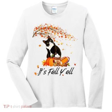 It's Fall Y'all Cute Black Cat Lovers Thanksgiving Halloween Women's Long Sleeve Shirt
