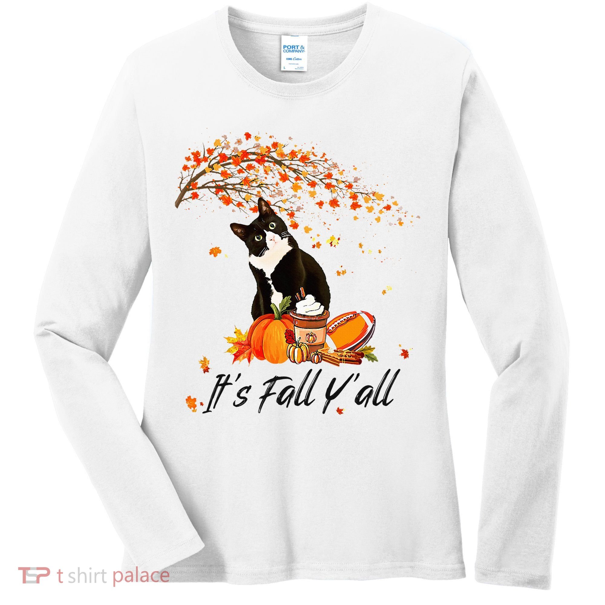 It's Fall Y'all Cute Black Cat Lovers Thanksgiving Halloween Women's Long Sleeve Shirt