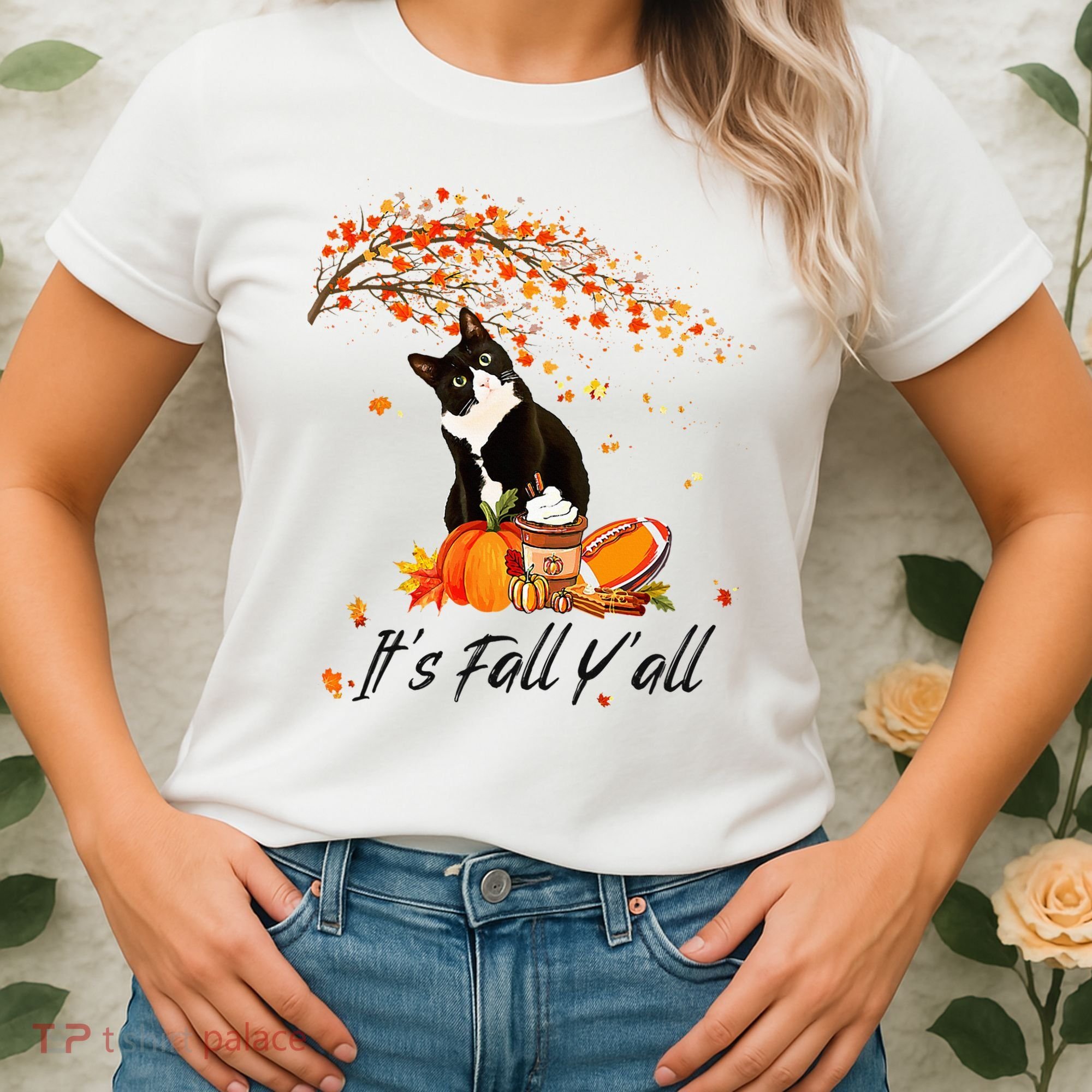 It's Fall Y'all Cute Black Cat Lovers Thanksgiving Halloween Women's T-Shirt