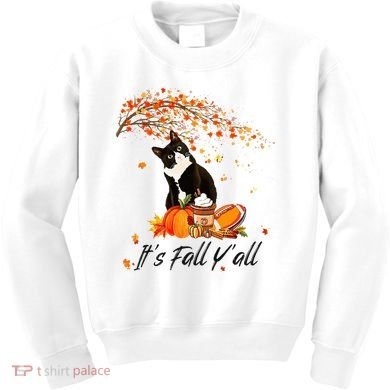 It's Fall Y'all Cute Black Cat Lovers Thanksgiving Halloween Kids Sweatshirt