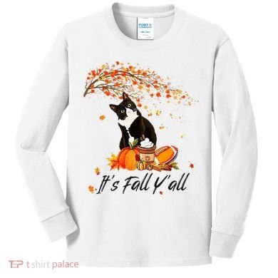 It's Fall Y'all Cute Black Cat Lovers Thanksgiving Halloween Kids Long Sleeve Shirt