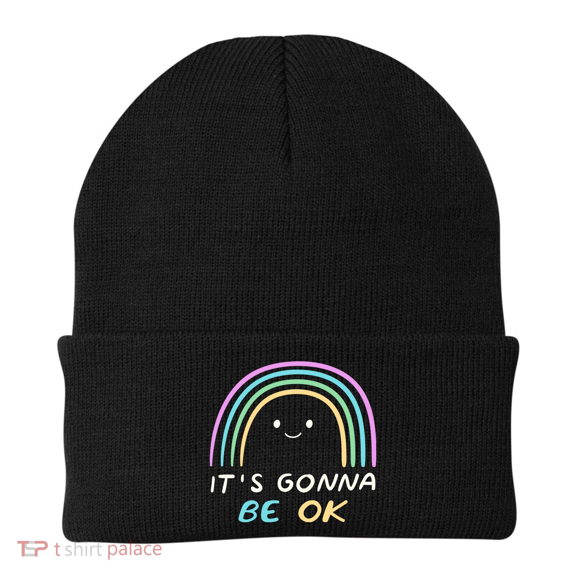 It's Gonna Be Ok Rainbow Smiley Face Positive Quote Beanie