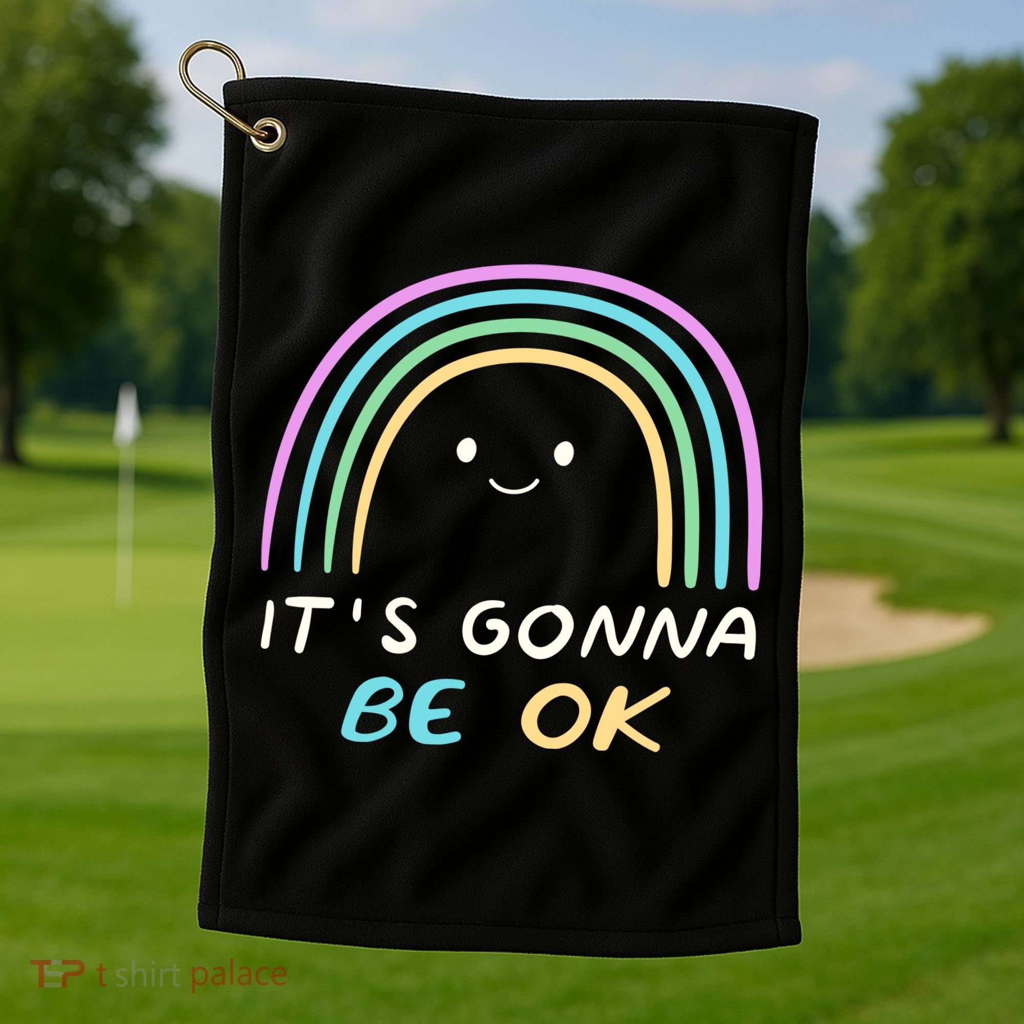 It's Gonna Be Ok Rainbow Smiley Face Positive Quote Golf Towel