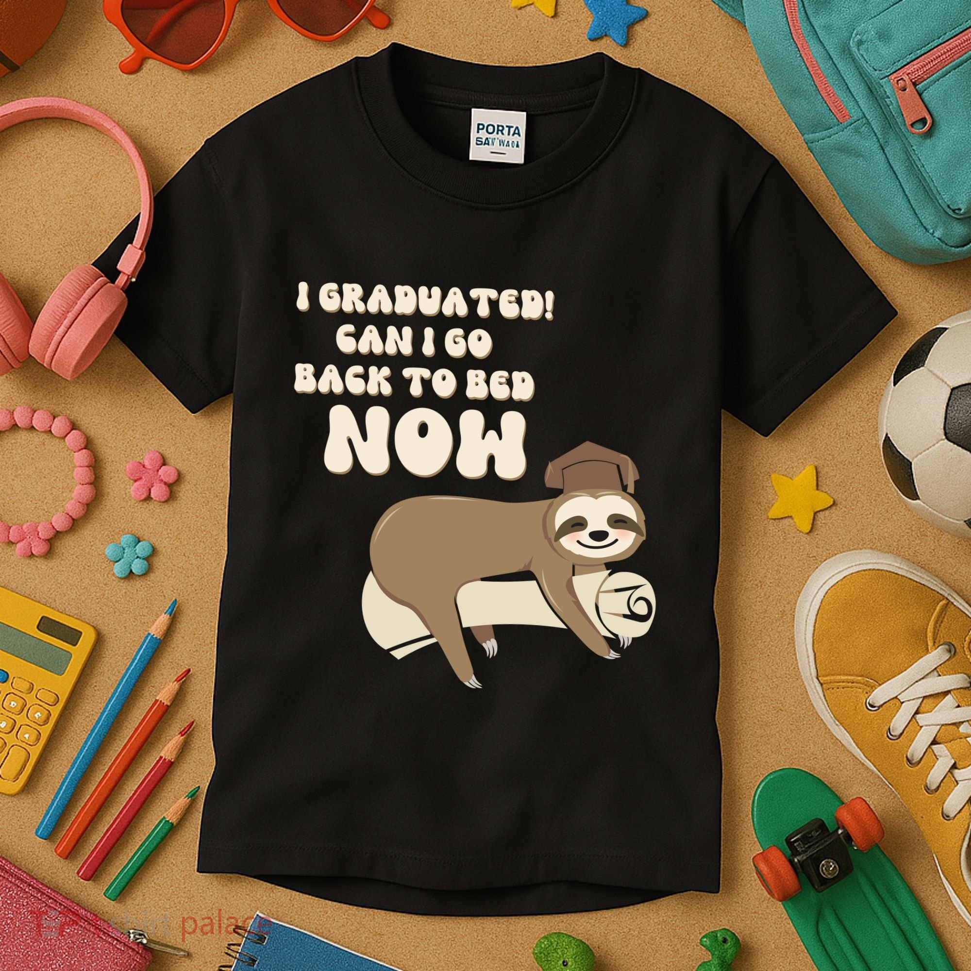 I Graduated Can Go Back To Bed Now Funny Graduation Sloth Kids T-Shirt