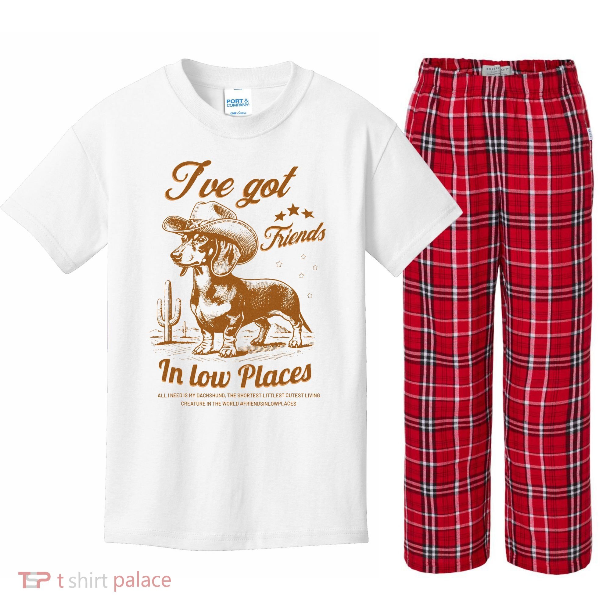 I've Got Friends In Low Places Dachshund Cowboy  Kids Plaid Pajama Set