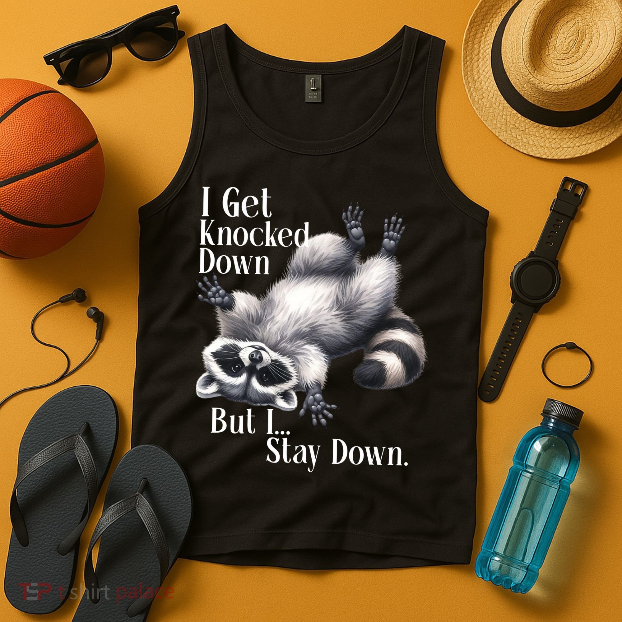 I Get Knocked Down But I Stay Down Funny Raccoon Tank Top