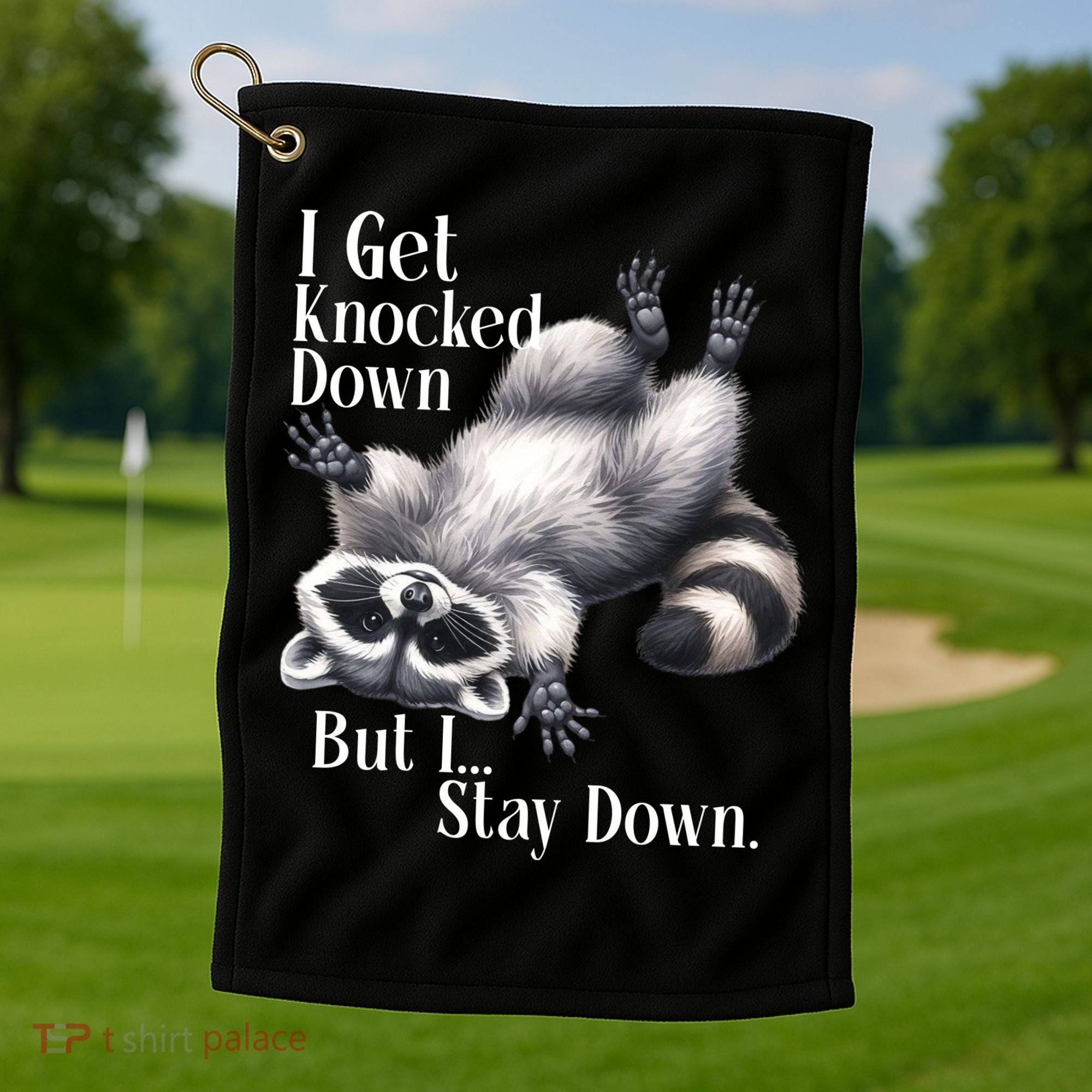 I Get Knocked Down But I Stay Down Funny Raccoon Golf Towel