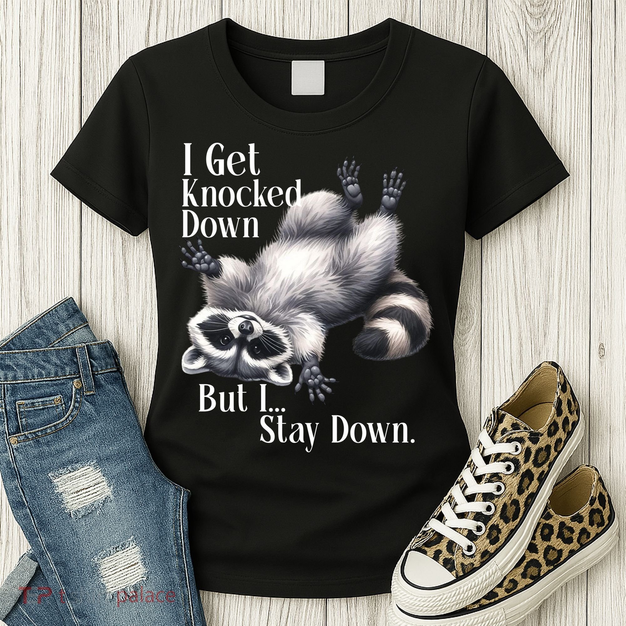 I Get Knocked Down But I Stay Down Funny Raccoon Women's T-Shirt