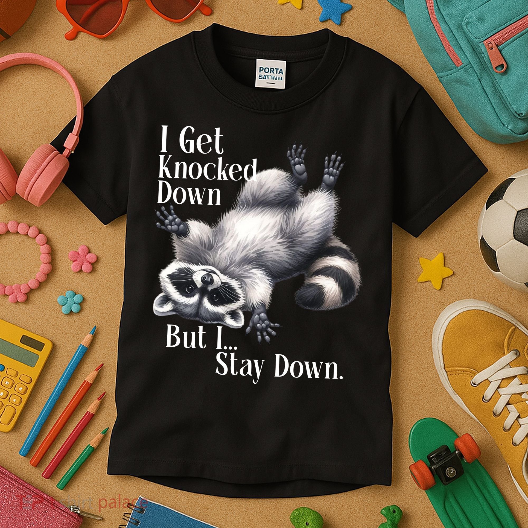 I Get Knocked Down But I Stay Down Funny Raccoon Kids T-Shirt