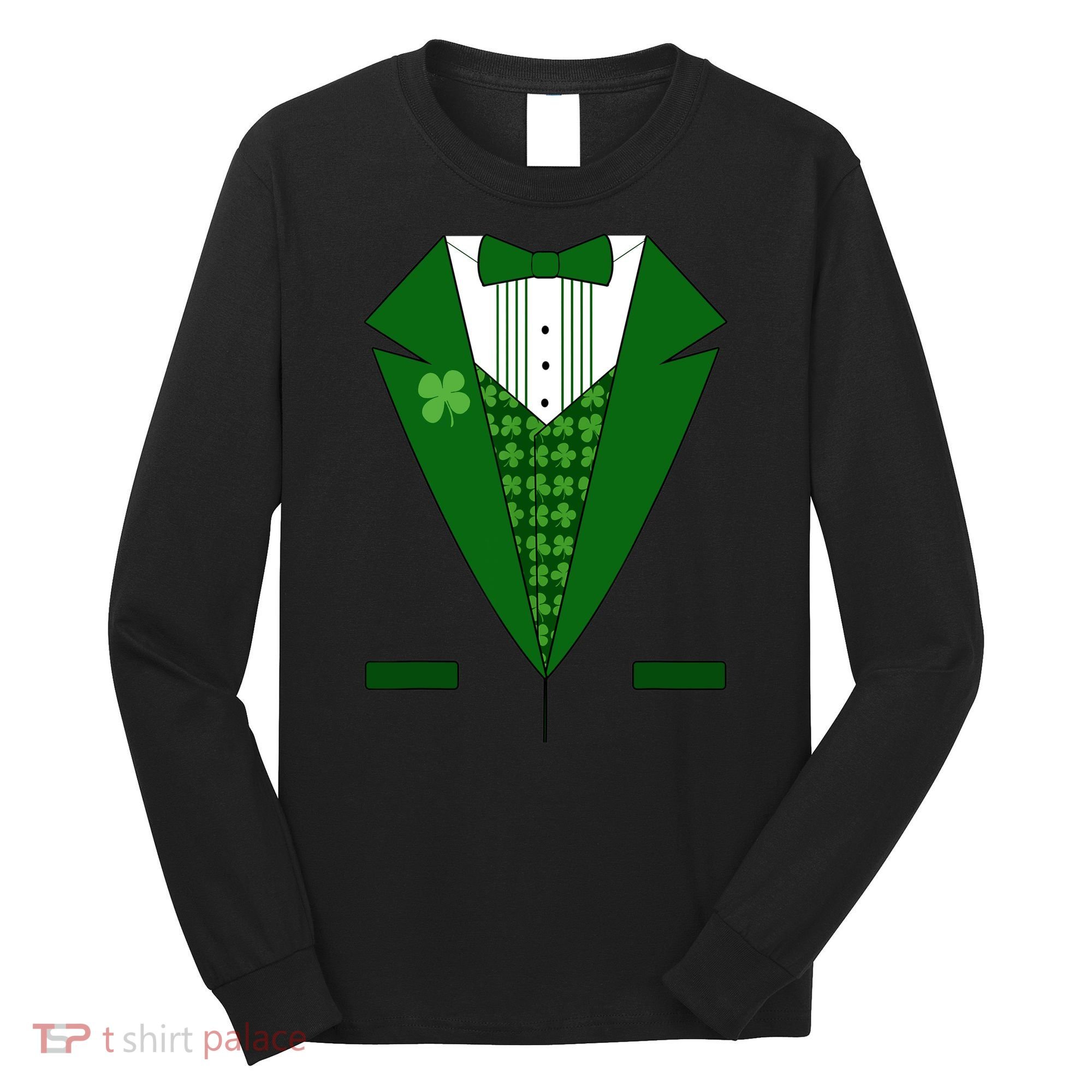 Irish Green Tuxedo Shamrock Saint Patricks Day Boy Long Sleeve Shirt