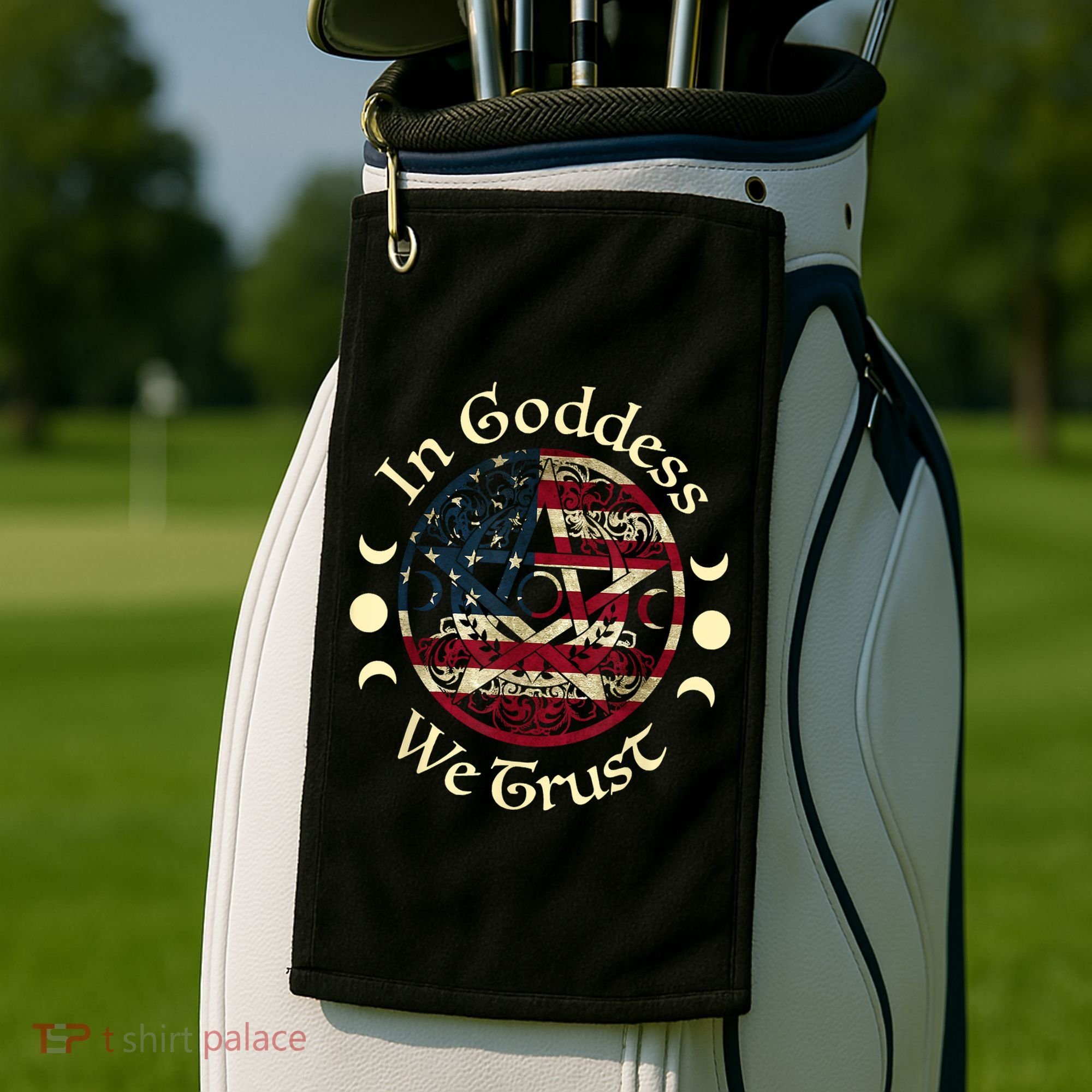 In Goddess We Trust Witch Lover American Flag Golf Towel