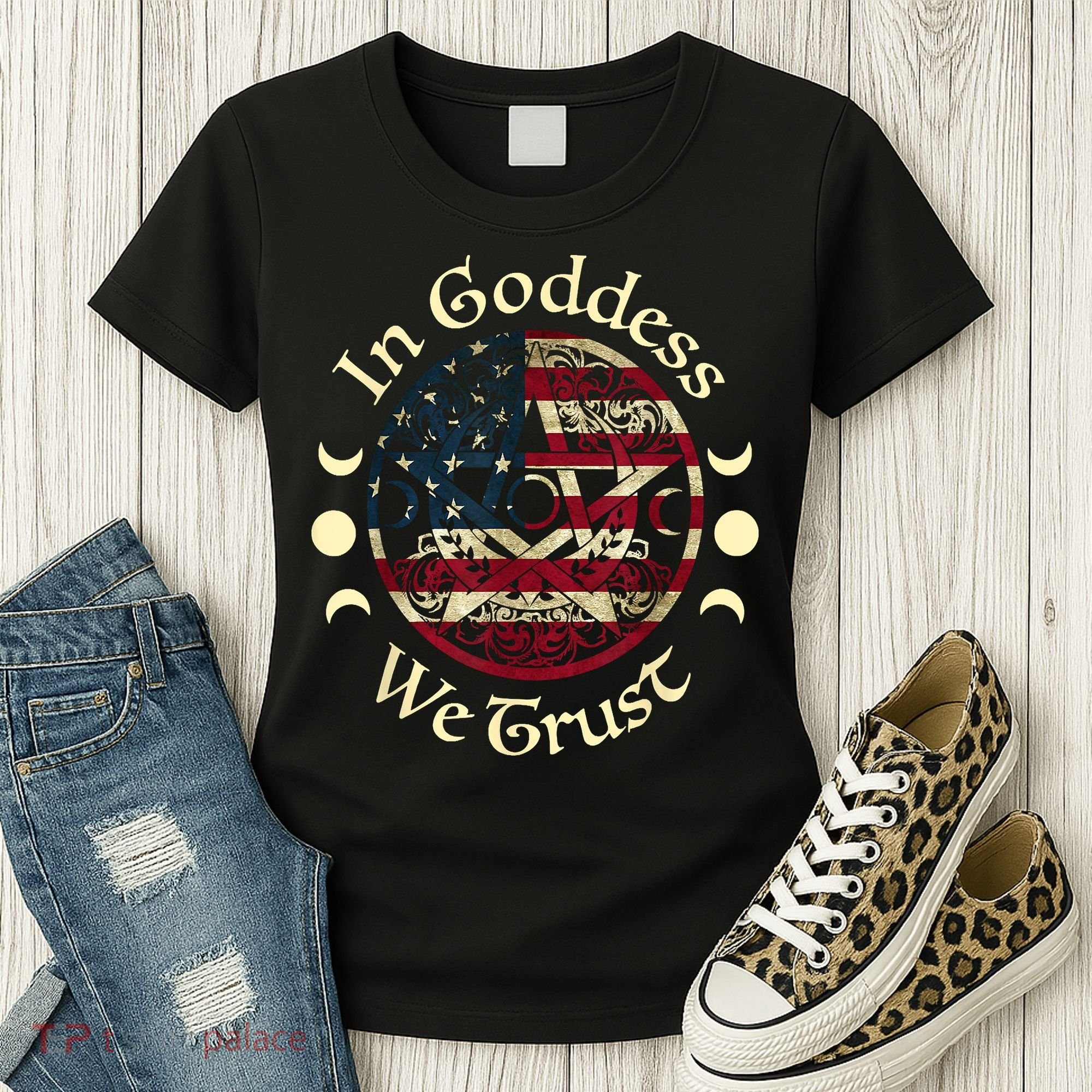 In Goddess We Trust Witch Lover American Flag Women's T-Shirt