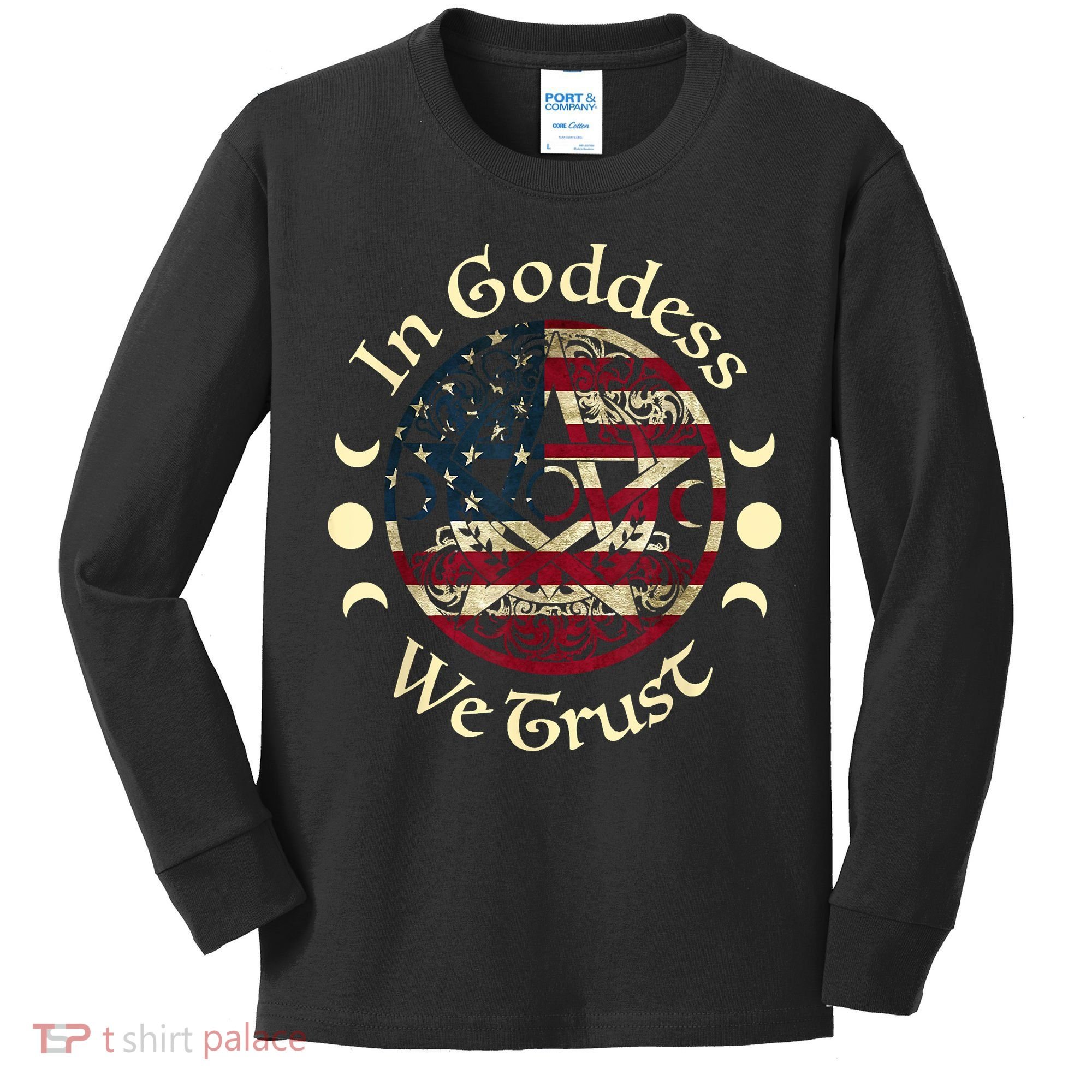 In Goddess We Trust Witch Lover American Flag Kids Long Sleeve Shirt