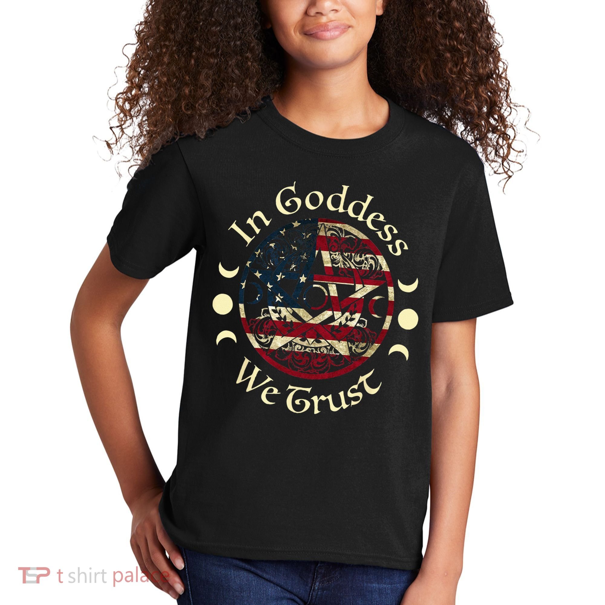 In Goddess We Trust Witch Lover American Flag Kids T-Shirt