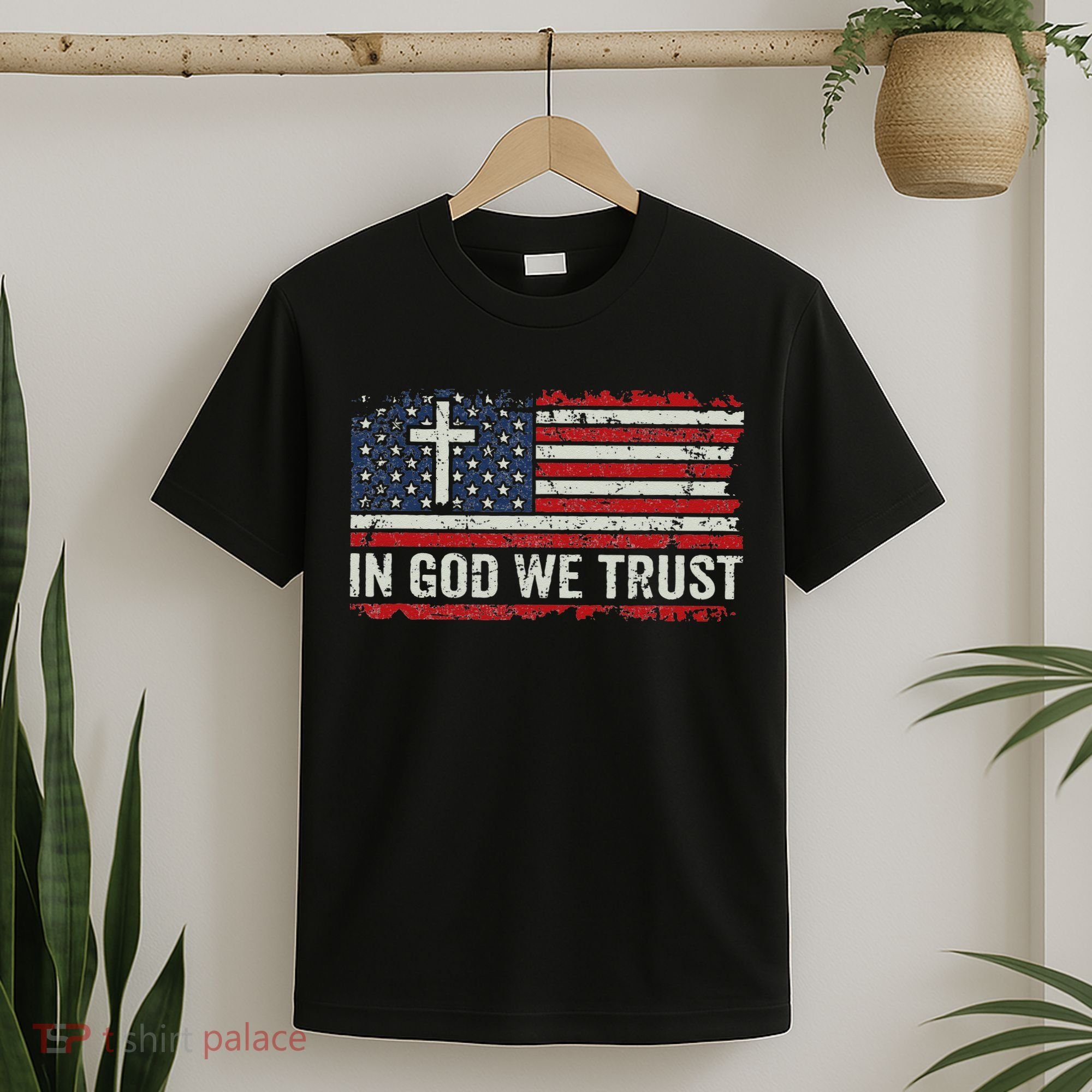 In God We Trust Vintage USA Flag Cross Patriotic Christian T-Shirt