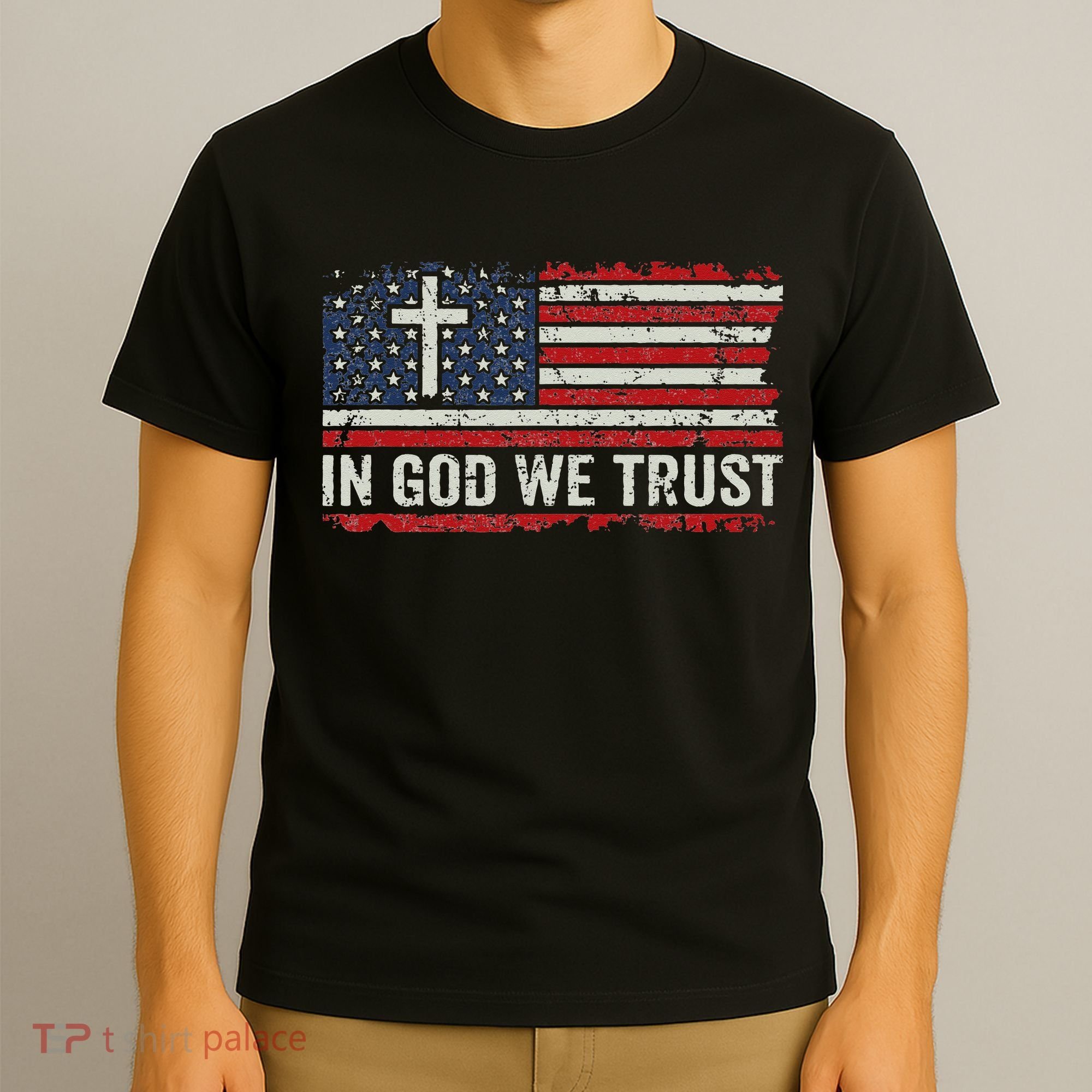 In God We Trust Vintage USA Flag Cross Patriotic Christian T-Shirt