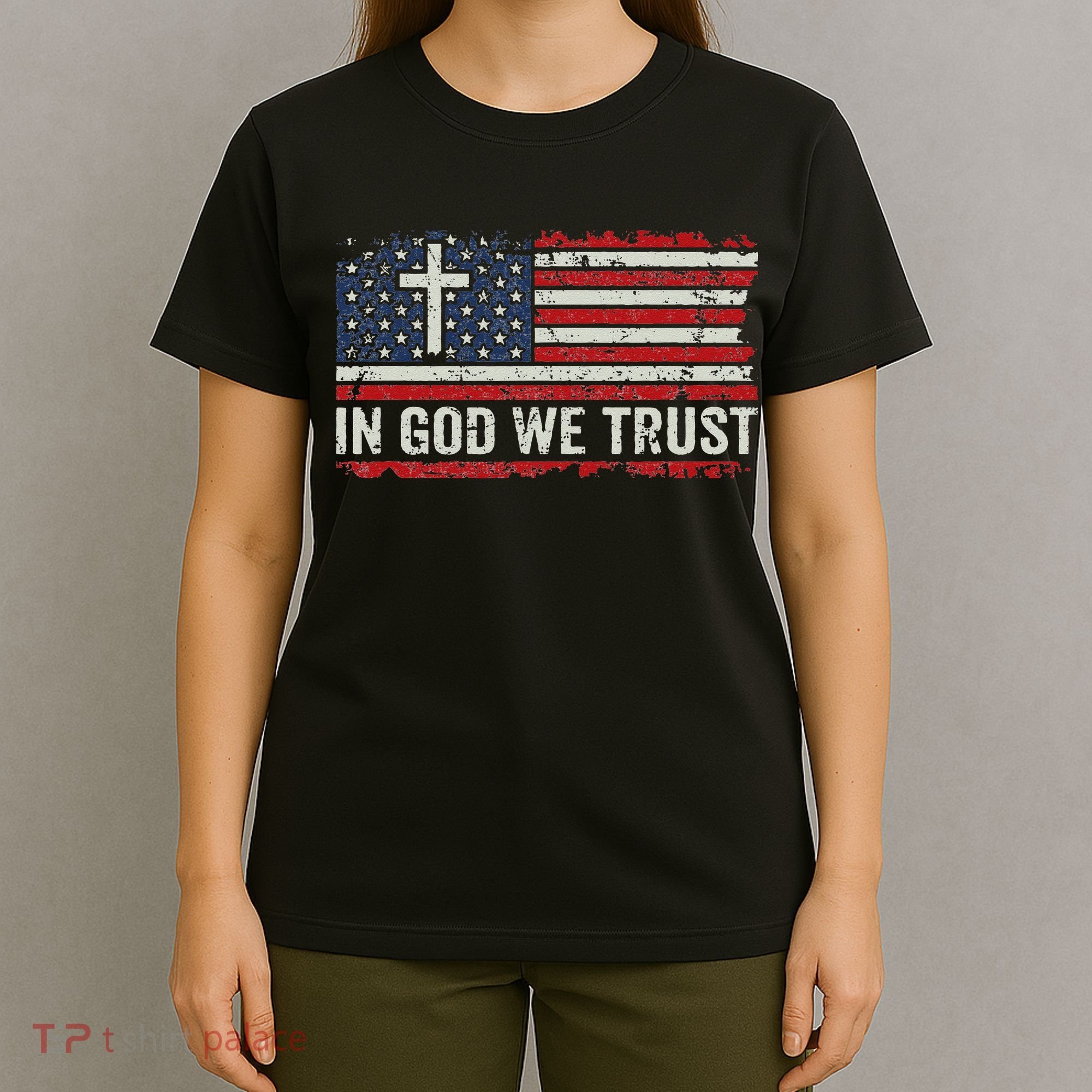 In God We Trust Vintage USA Flag Cross Patriotic Christian T-Shirt