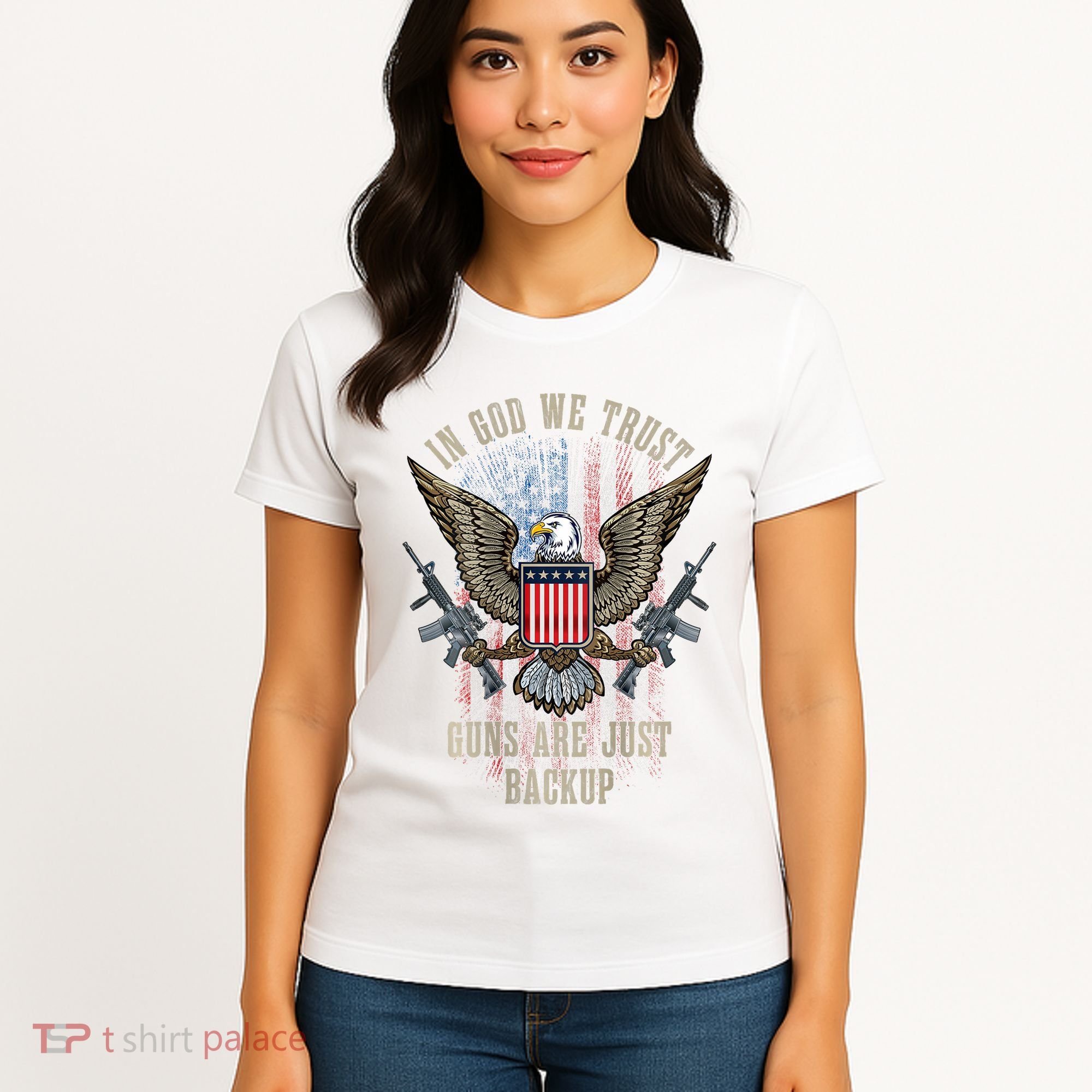 In God We Trust Guns Are Just Backup American Flag Women's T-Shirt