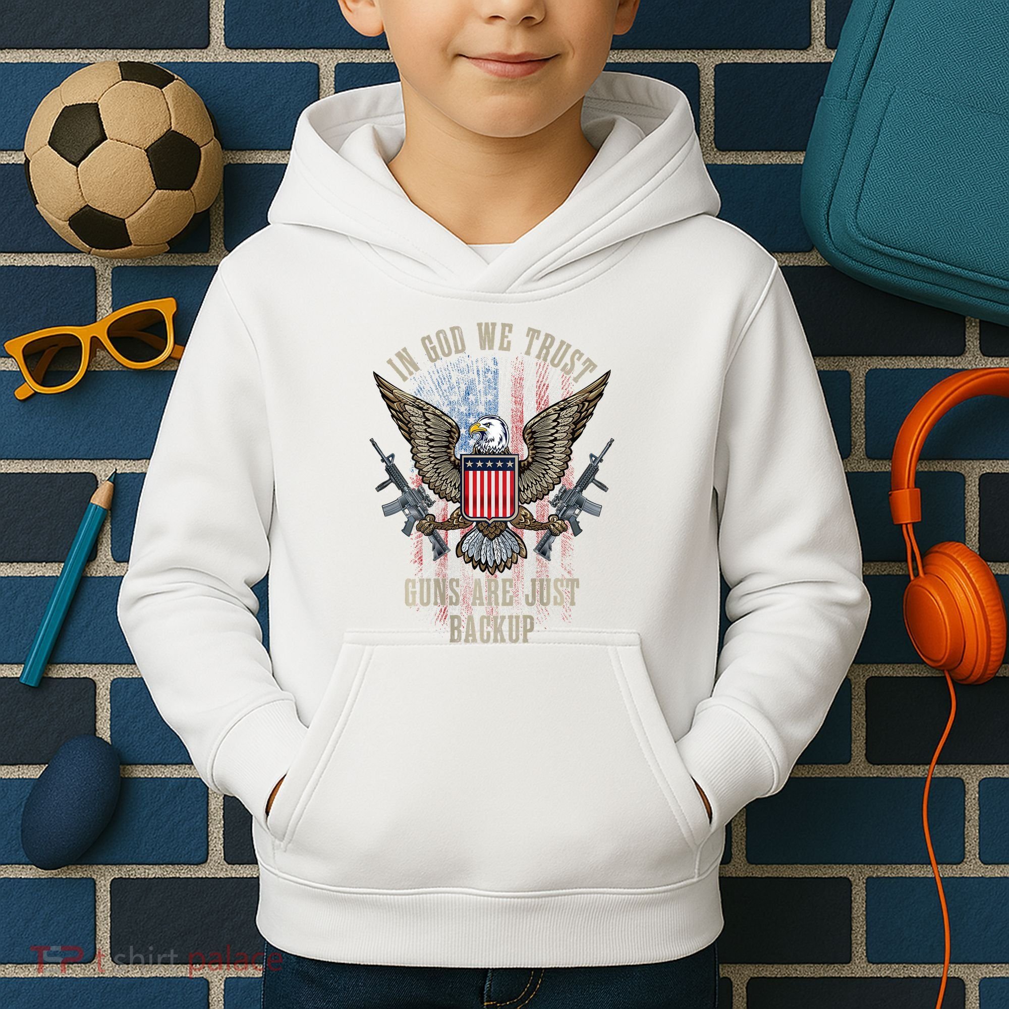In God We Trust Guns Are Just Backup American Flag Kids Hoodie