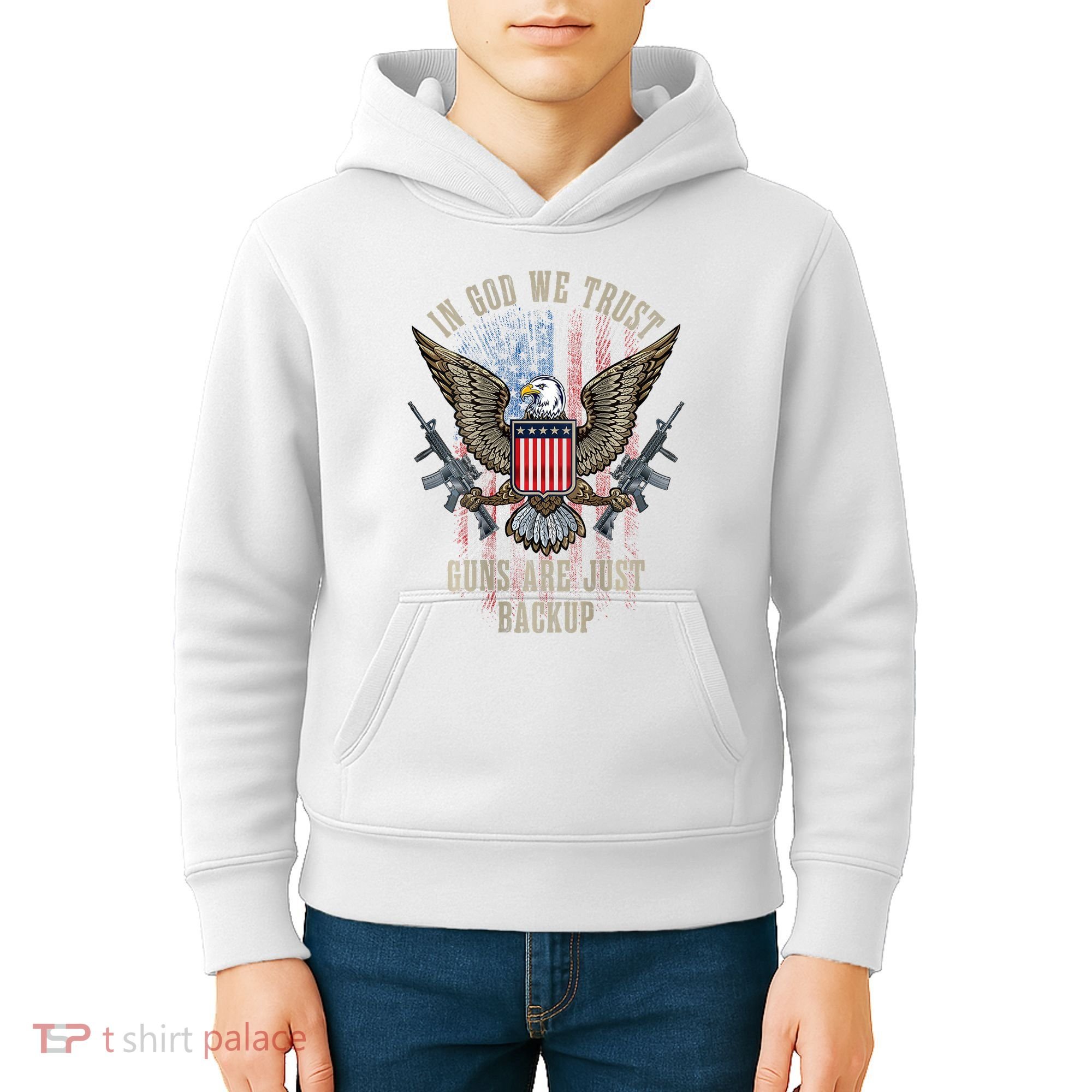 In God We Trust Guns Are Just Backup American Flag Kids Hoodie