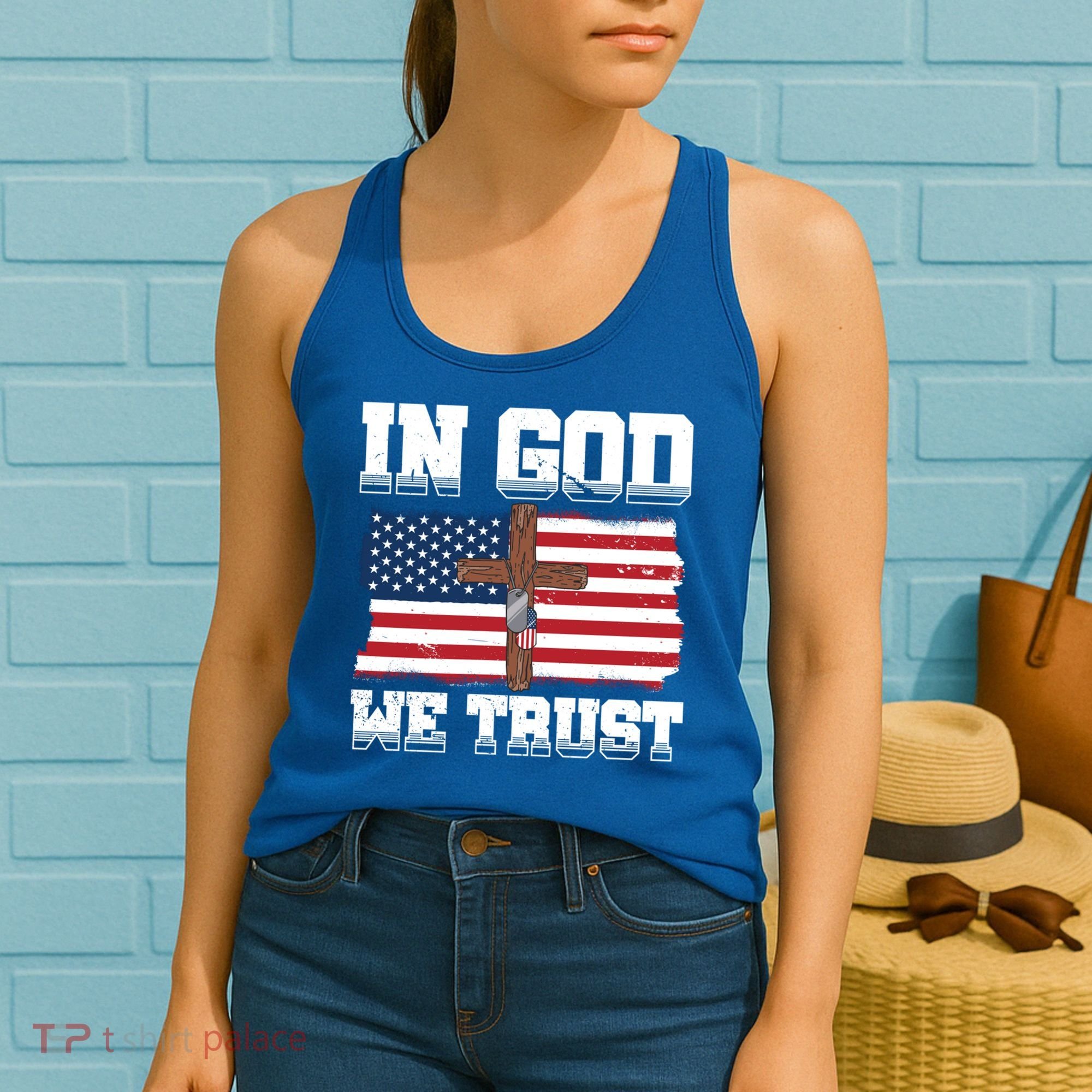 In God We Trust American Flag Jesus Faith Holy Cross Meaningful Gift Women's Tank Top