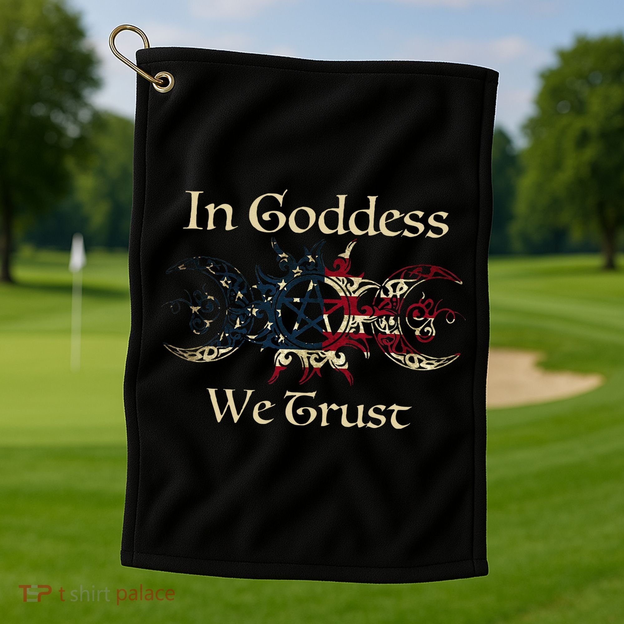 in goddess we trust witch lover american flag Golf Towel