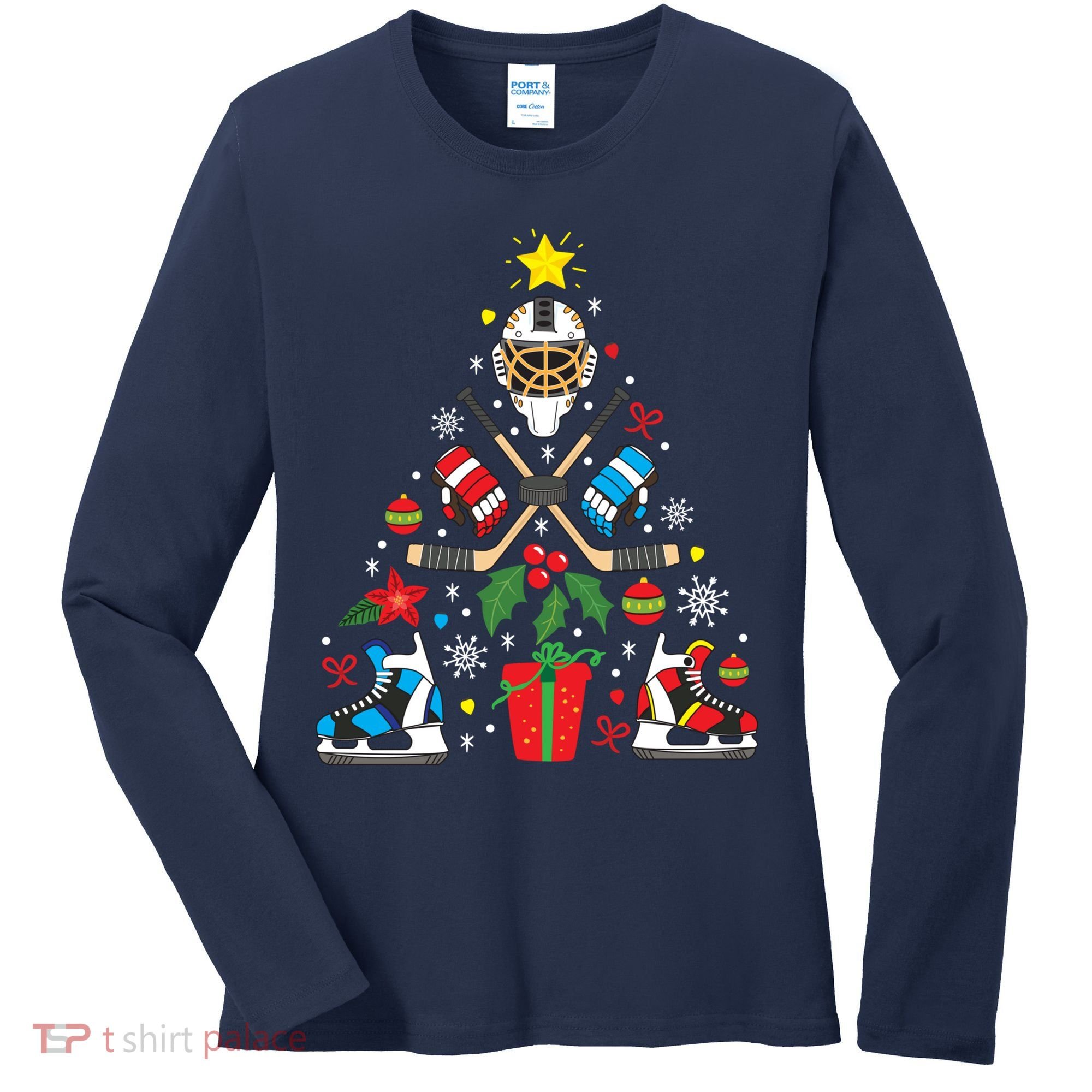Ice Hockey Christmas Ornament Tree Funny Xmas Gift Boy Women's Long Sleeve Shirt