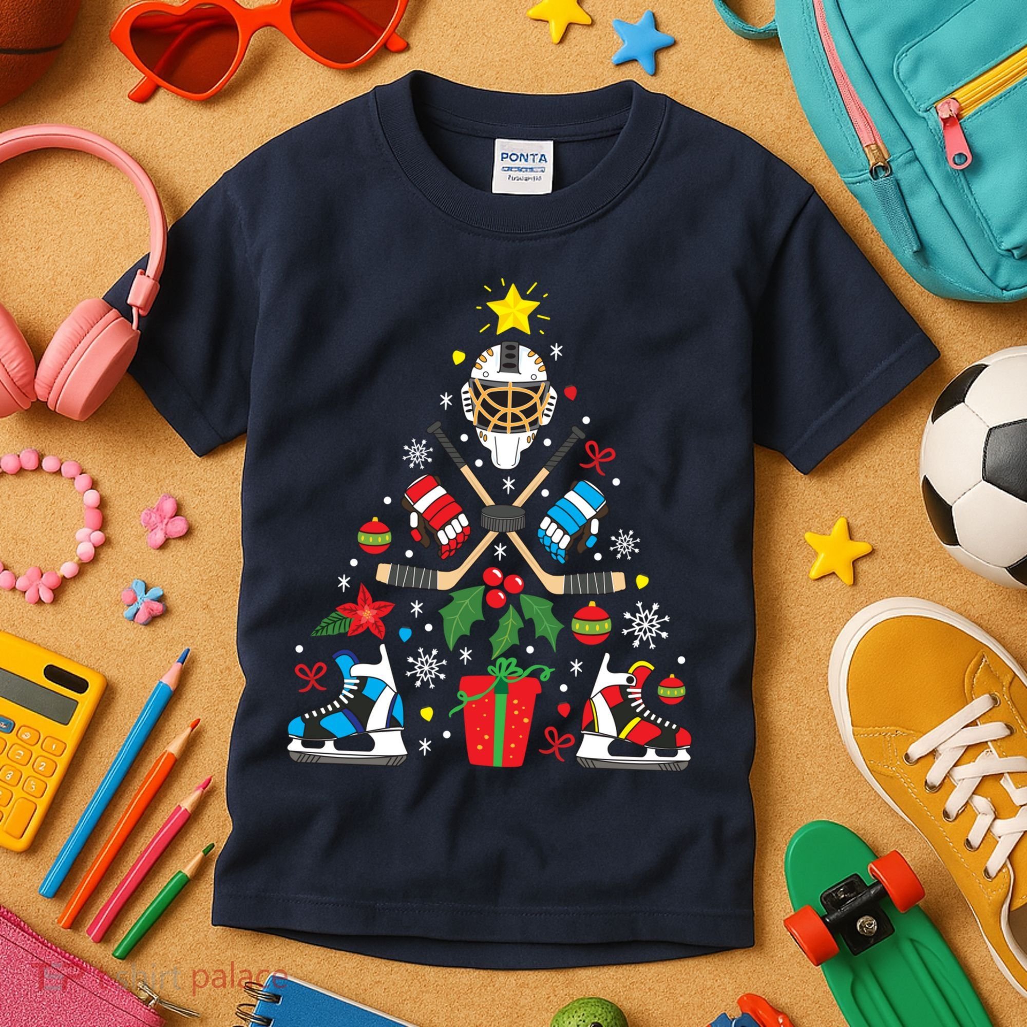 Ice Hockey Christmas Ornament Tree Funny Xmas Gift Boy Kids T-Shirt
