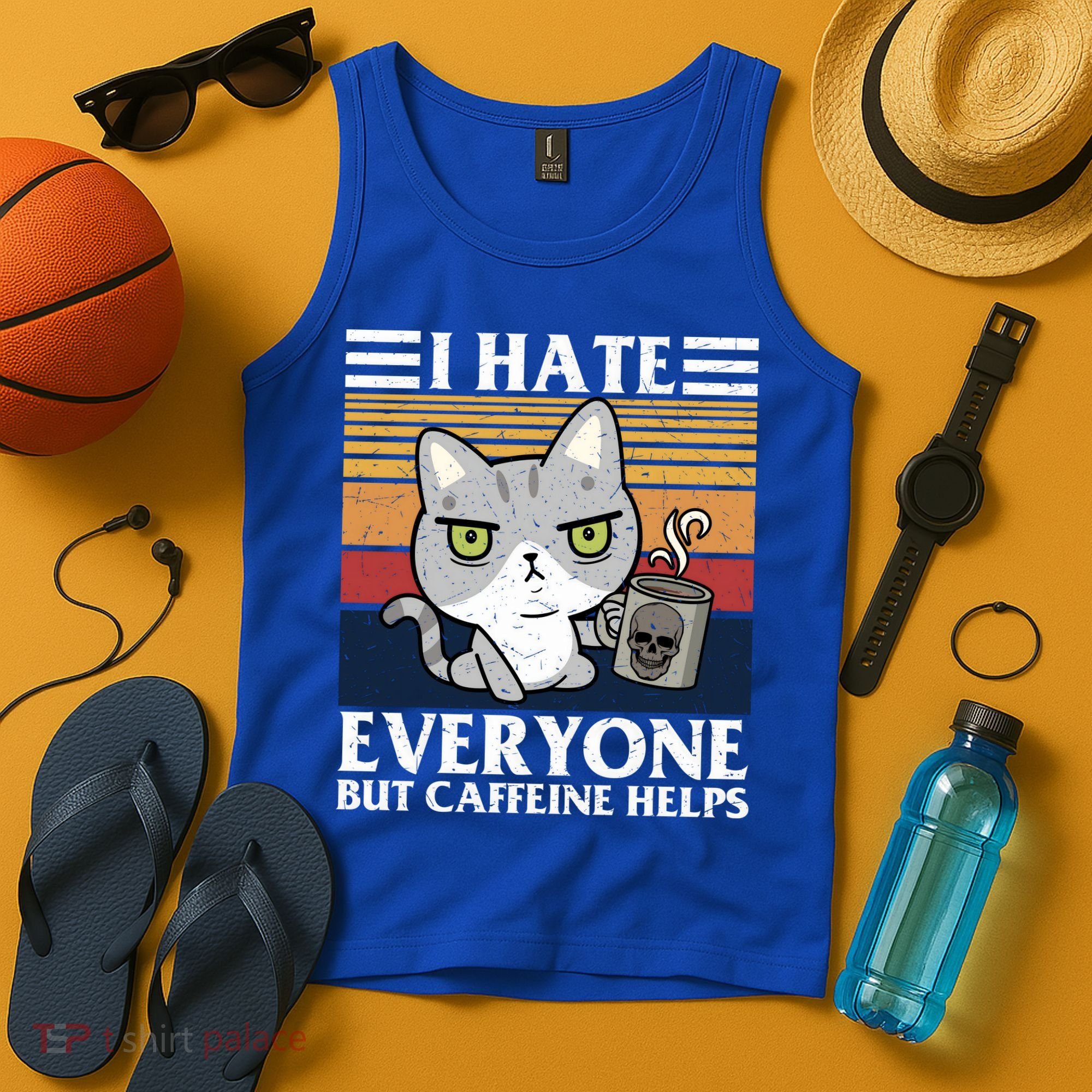 I Hate Everyone But Caffeine Helps Funny Cat Tank Top