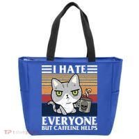 I Hate Everyone But Caffeine Helps Funny Cat Tote Bag thumb 0