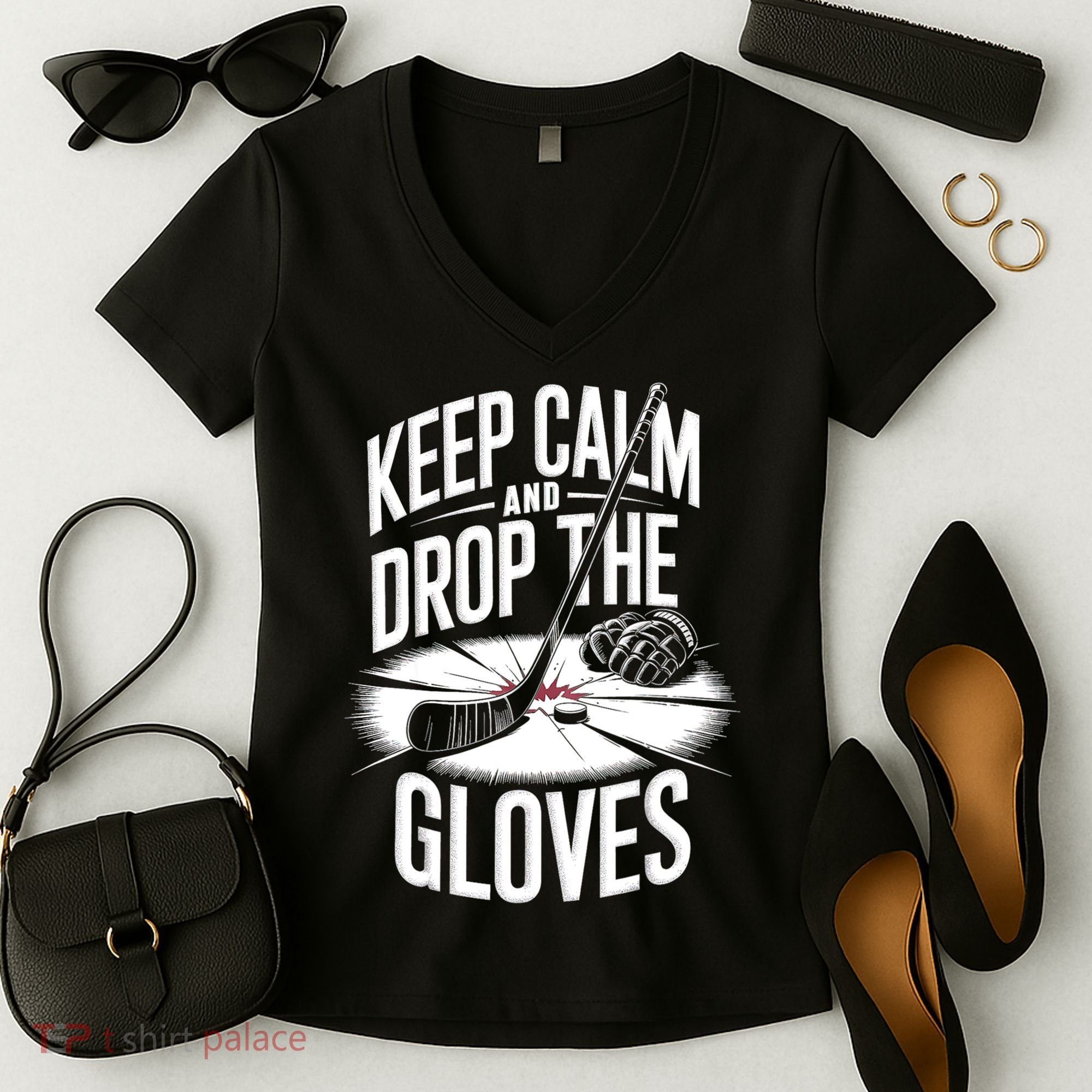 Ice Hockey Keep Calm And Drop The Gloves Style Gift Women's V-Neck T-Shirt