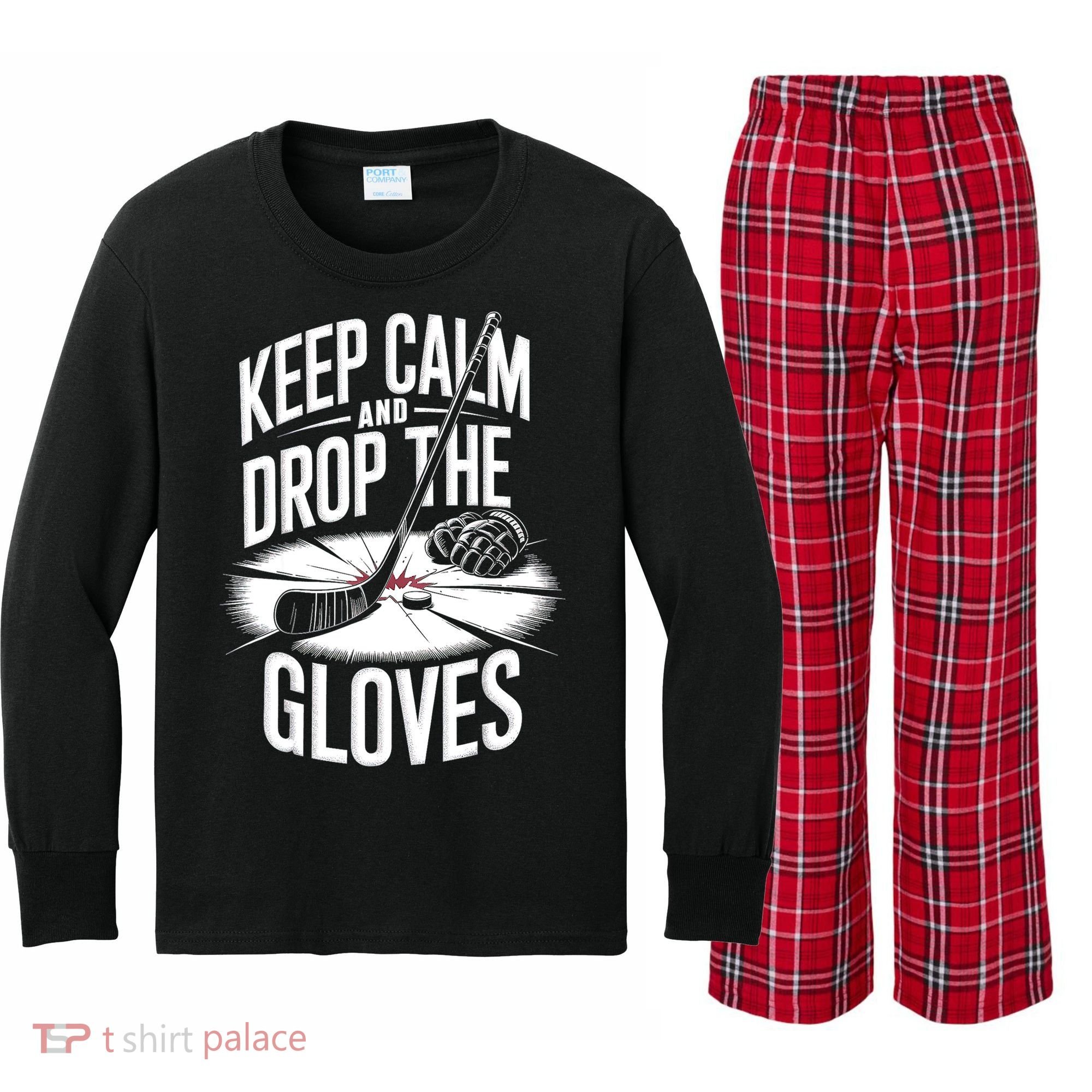 Ice Hockey Keep Calm And Drop The Gloves Style Gift Kids Long Sleeve Plaid Pajama Set