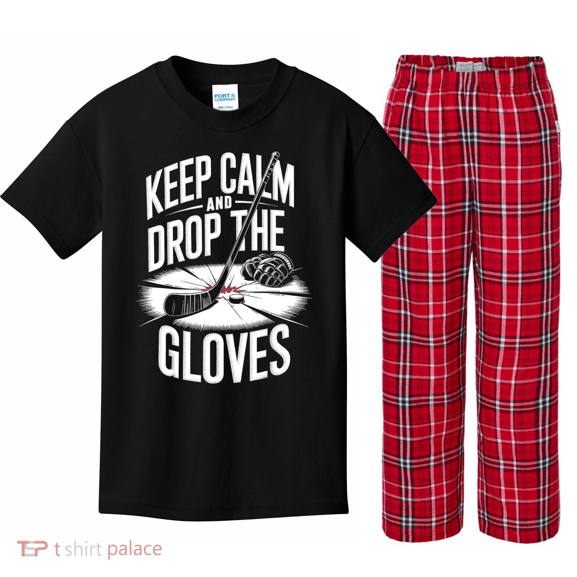 Ice Hockey Keep Calm And Drop The Gloves Style Gift Kids Plaid Pajama Set