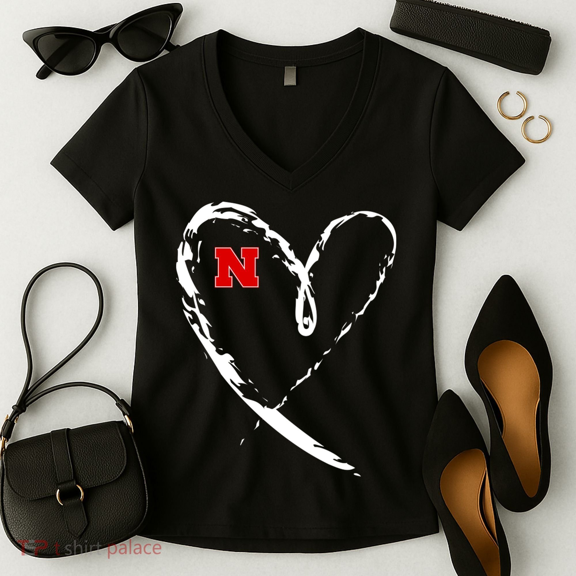 I Heart Love Nebraska Football Women's V-Neck T-Shirt