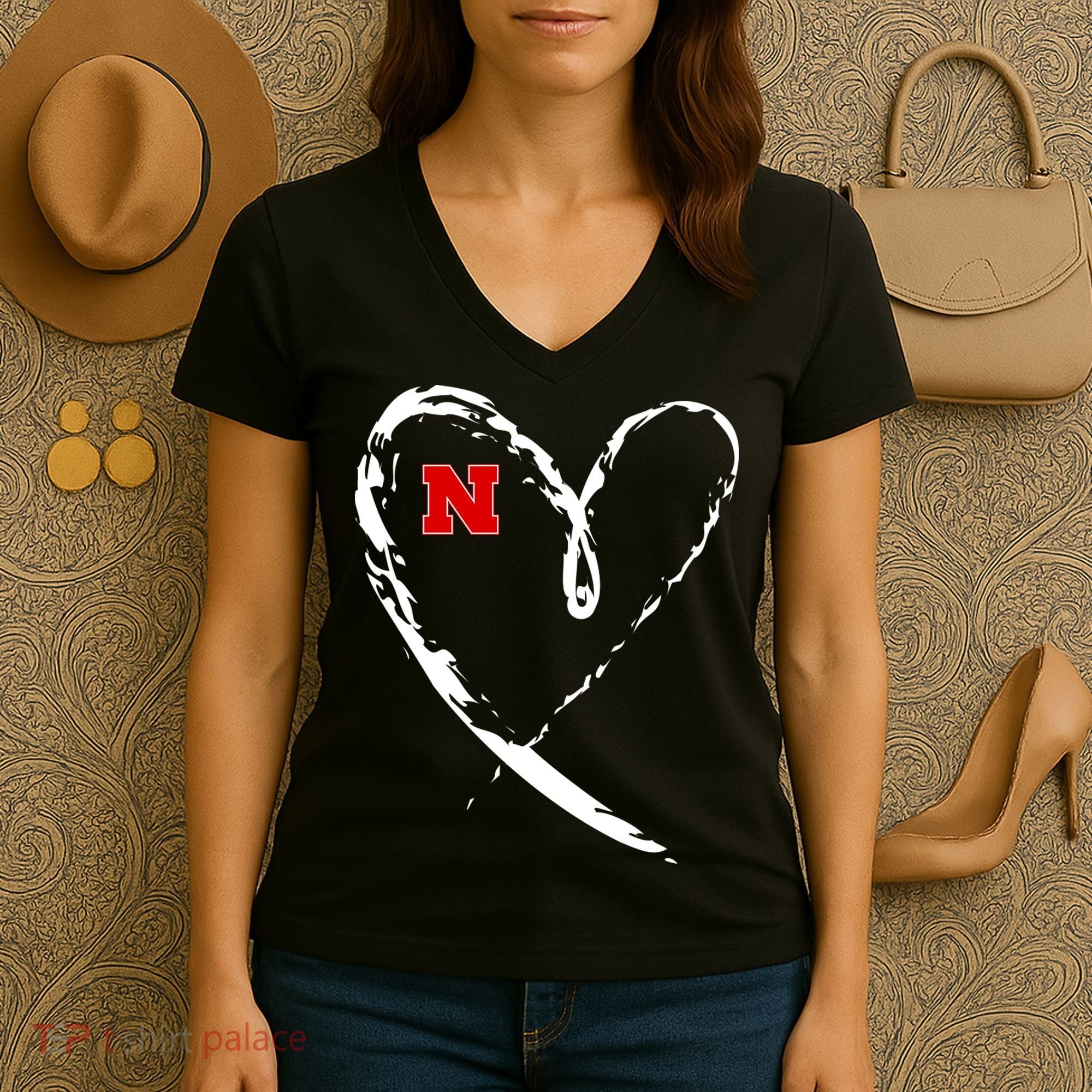 I Heart Love Nebraska Football Women's V-Neck T-Shirt