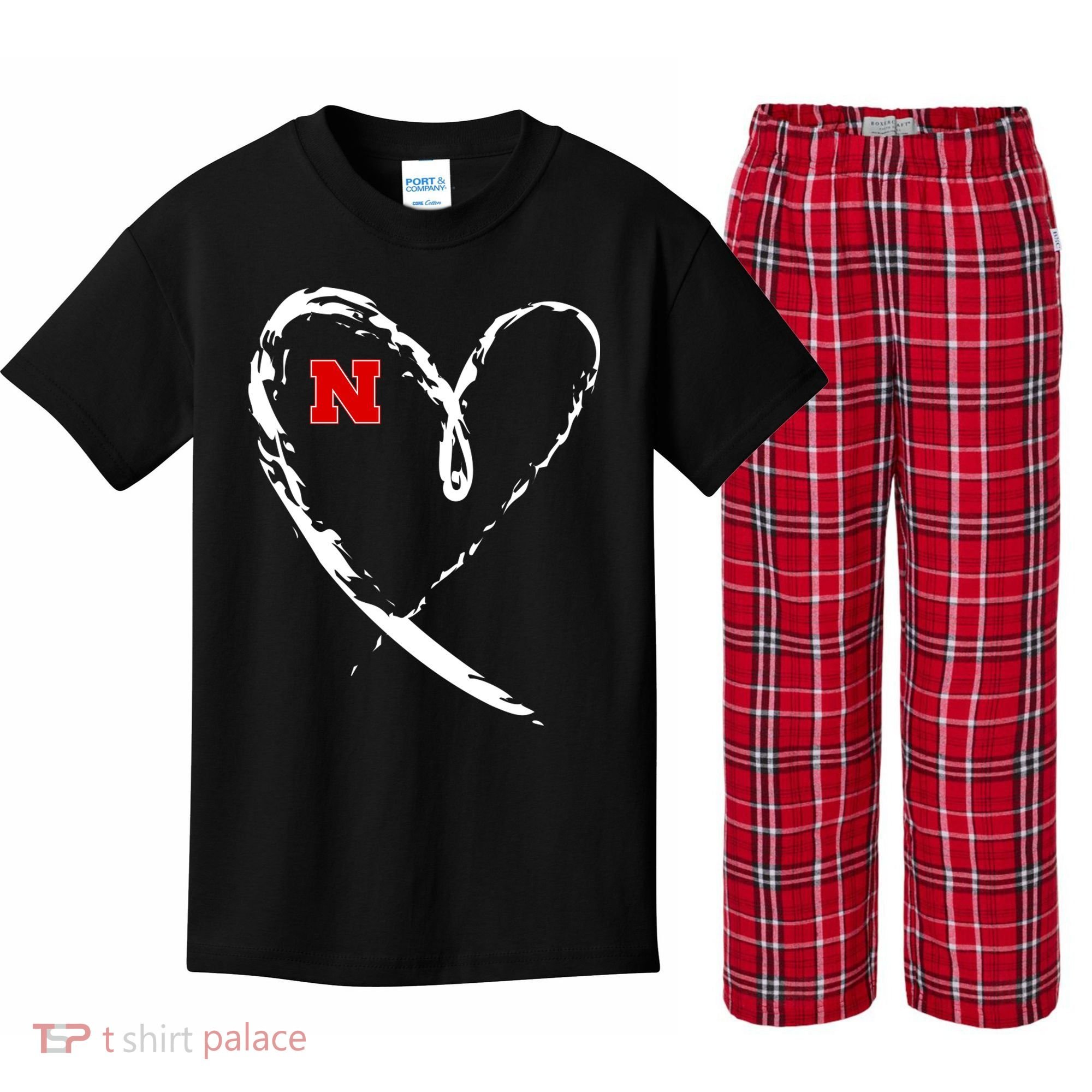 I Heart Love Nebraska Football Kids Plaid Pajama Set