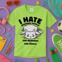 I Hate Mornings And People Funny Cat Kids T-Shirt thumb 3