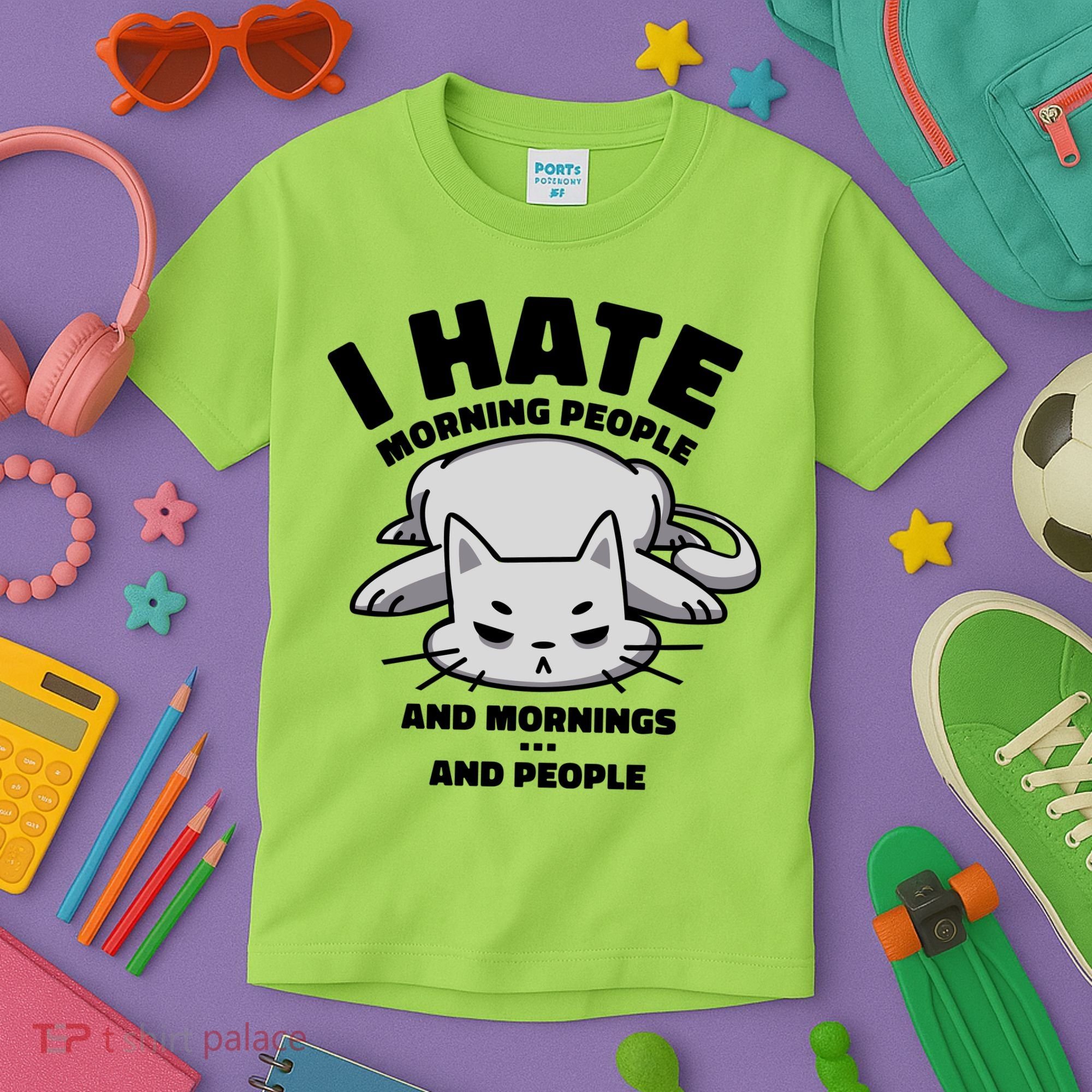 I Hate Mornings And People Funny Cat Kids T-Shirt