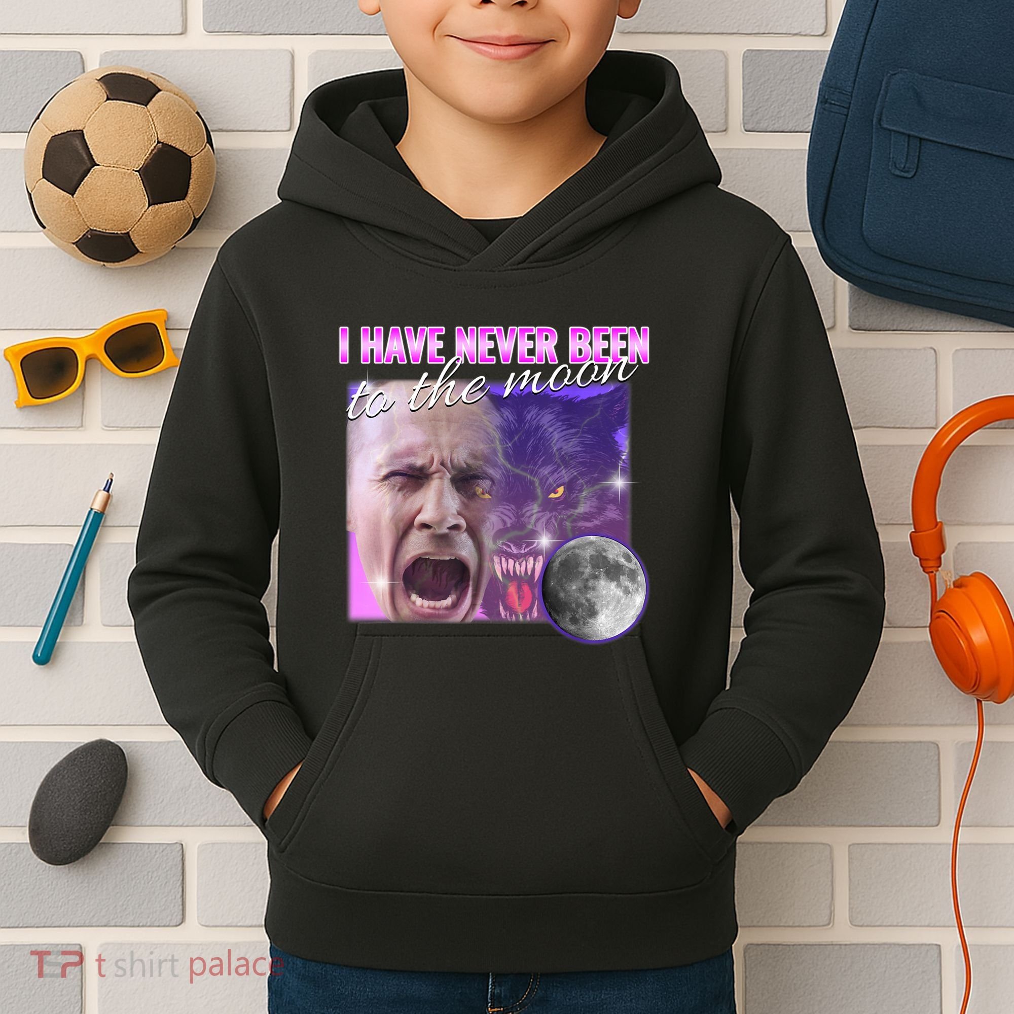 I Have Never Been To The Moon Dank Meme Cursed Funny Cringe Kids Hoodie