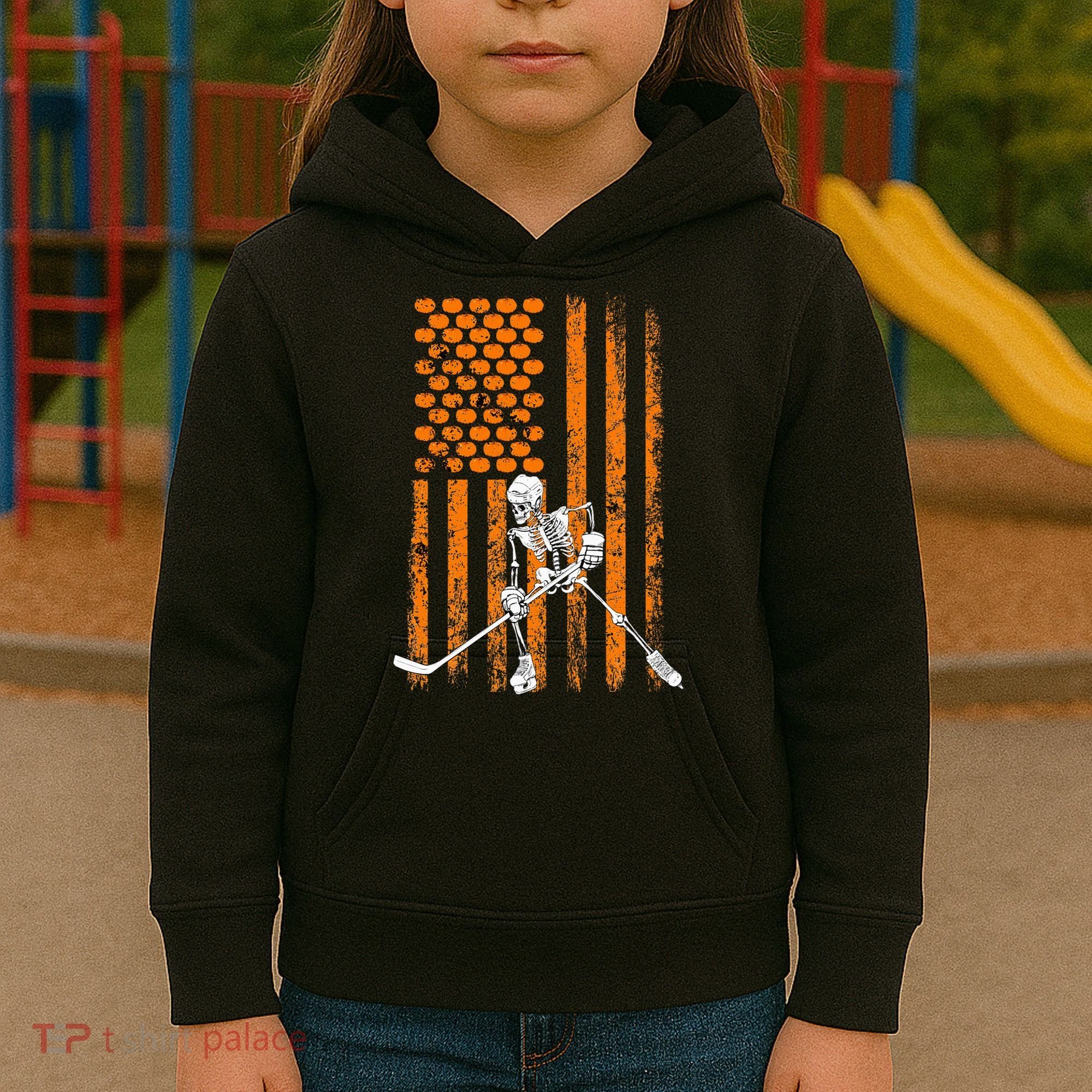 Ice Hockey Player Fan Gift Skeleton Halloween Kids Hoodie