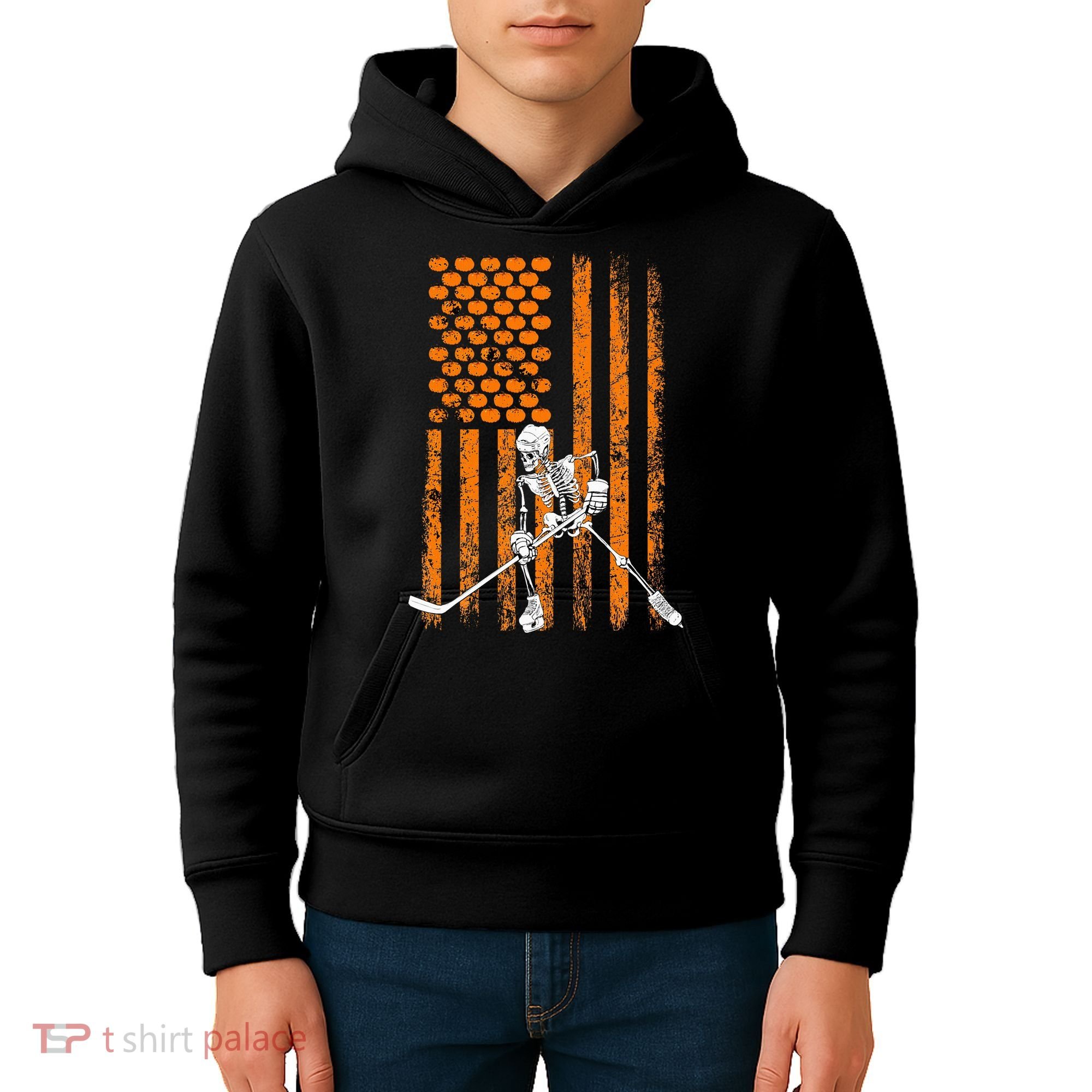 Ice Hockey Player Fan Gift Skeleton Halloween Kids Hoodie