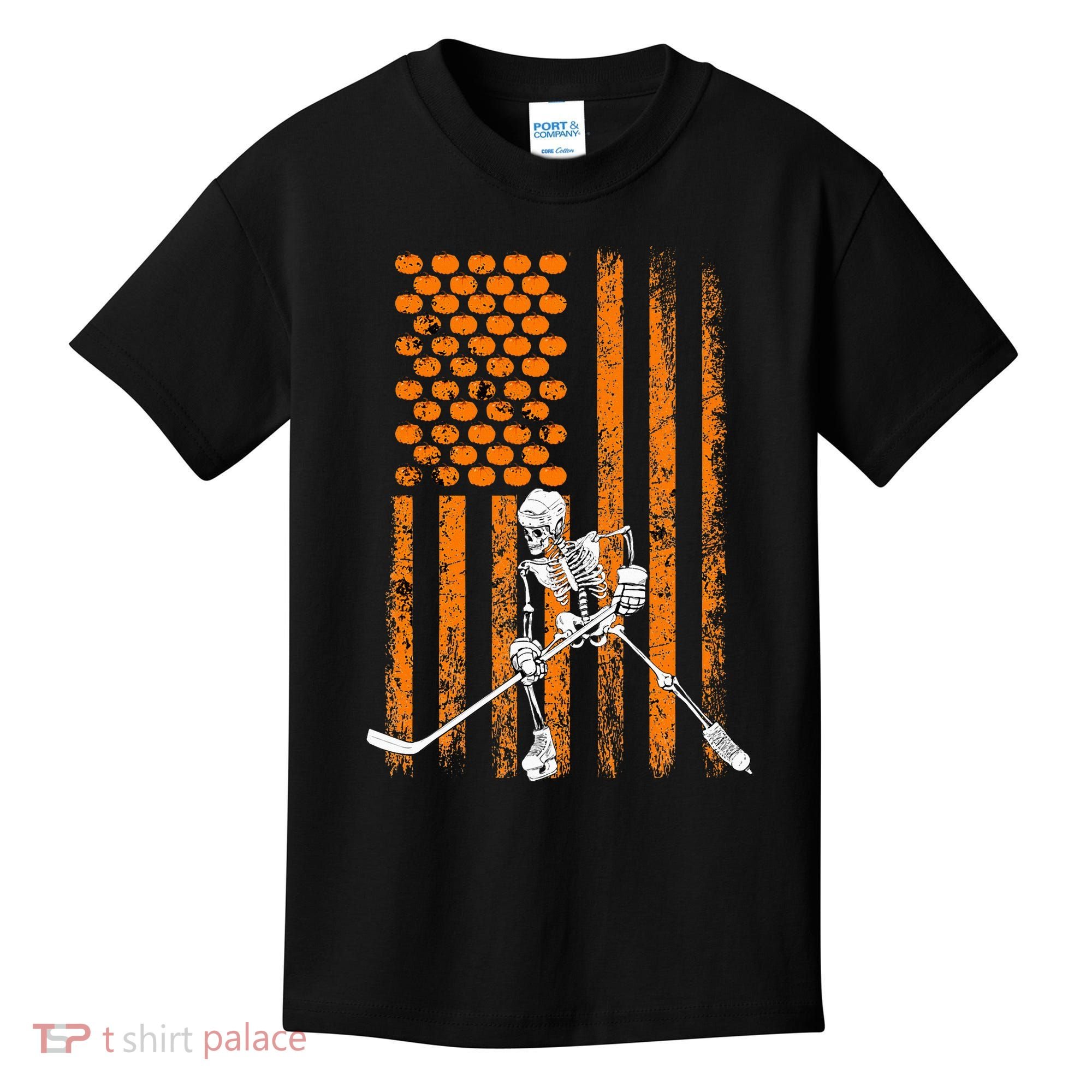 Ice Hockey Player Fan Gift Skeleton Halloween Kids T-Shirt