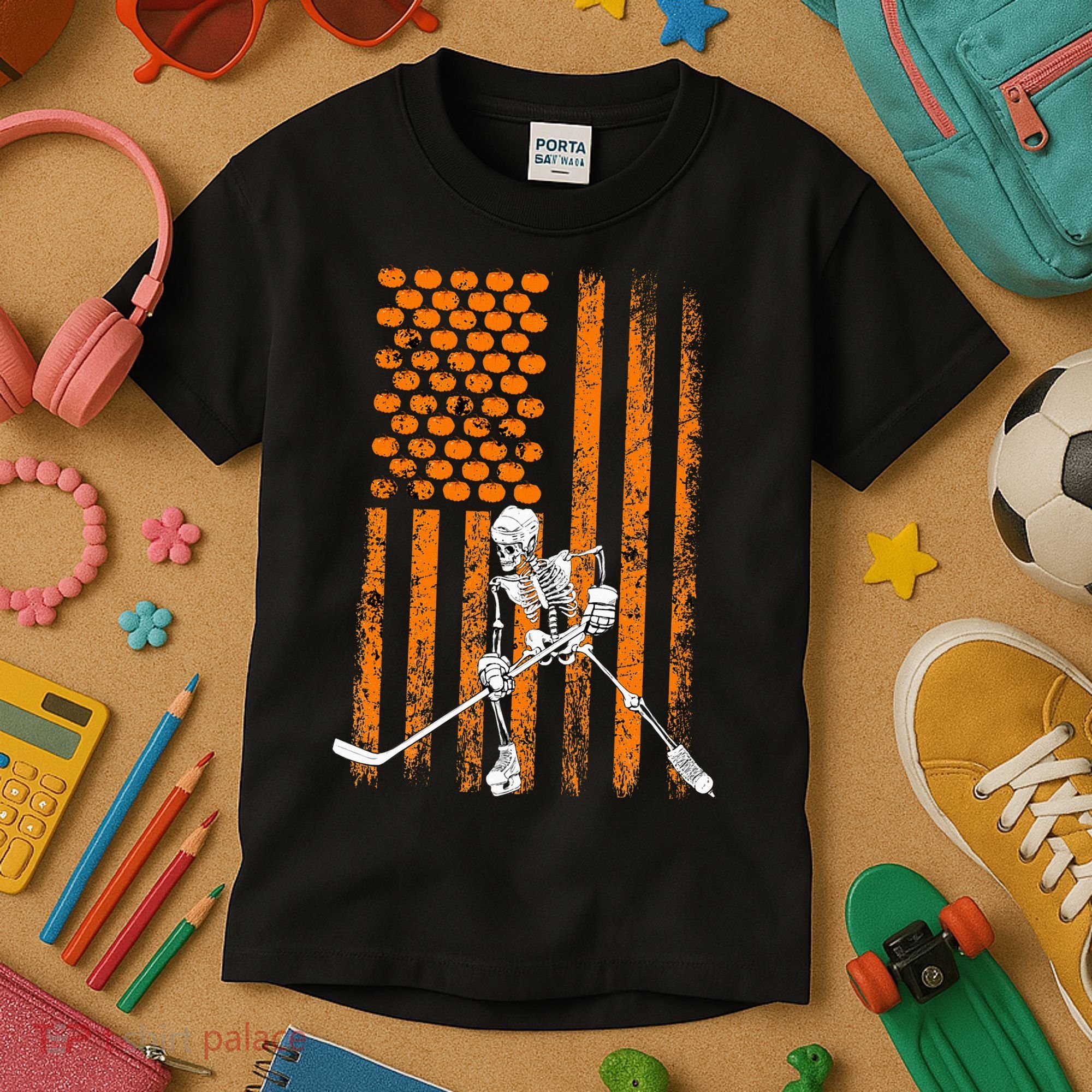 Ice Hockey Player Fan Gift Skeleton Halloween Kids T-Shirt
