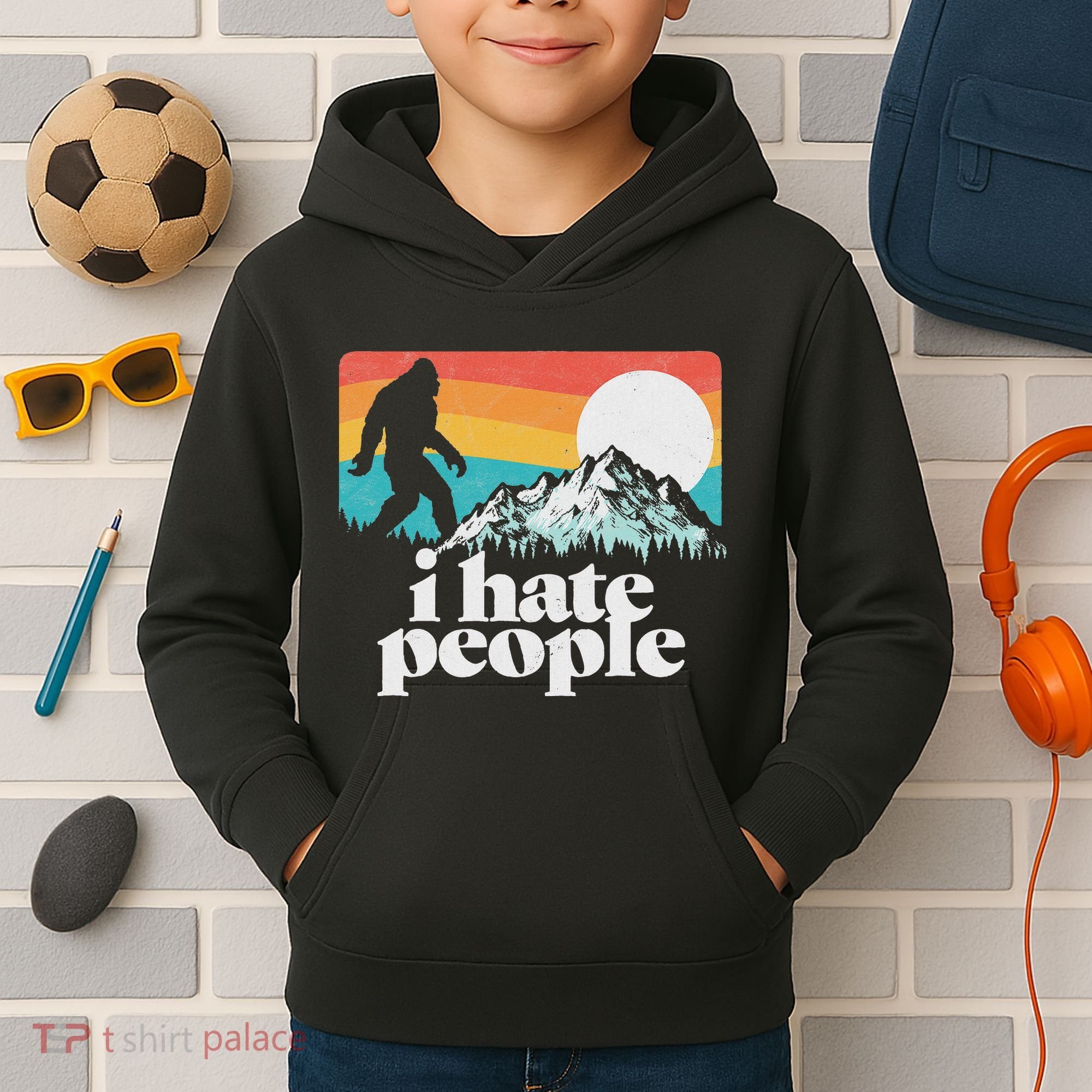 I Hate People! Funny Bigfoot Mountains 80S Joke Graphic Kids Hoodie