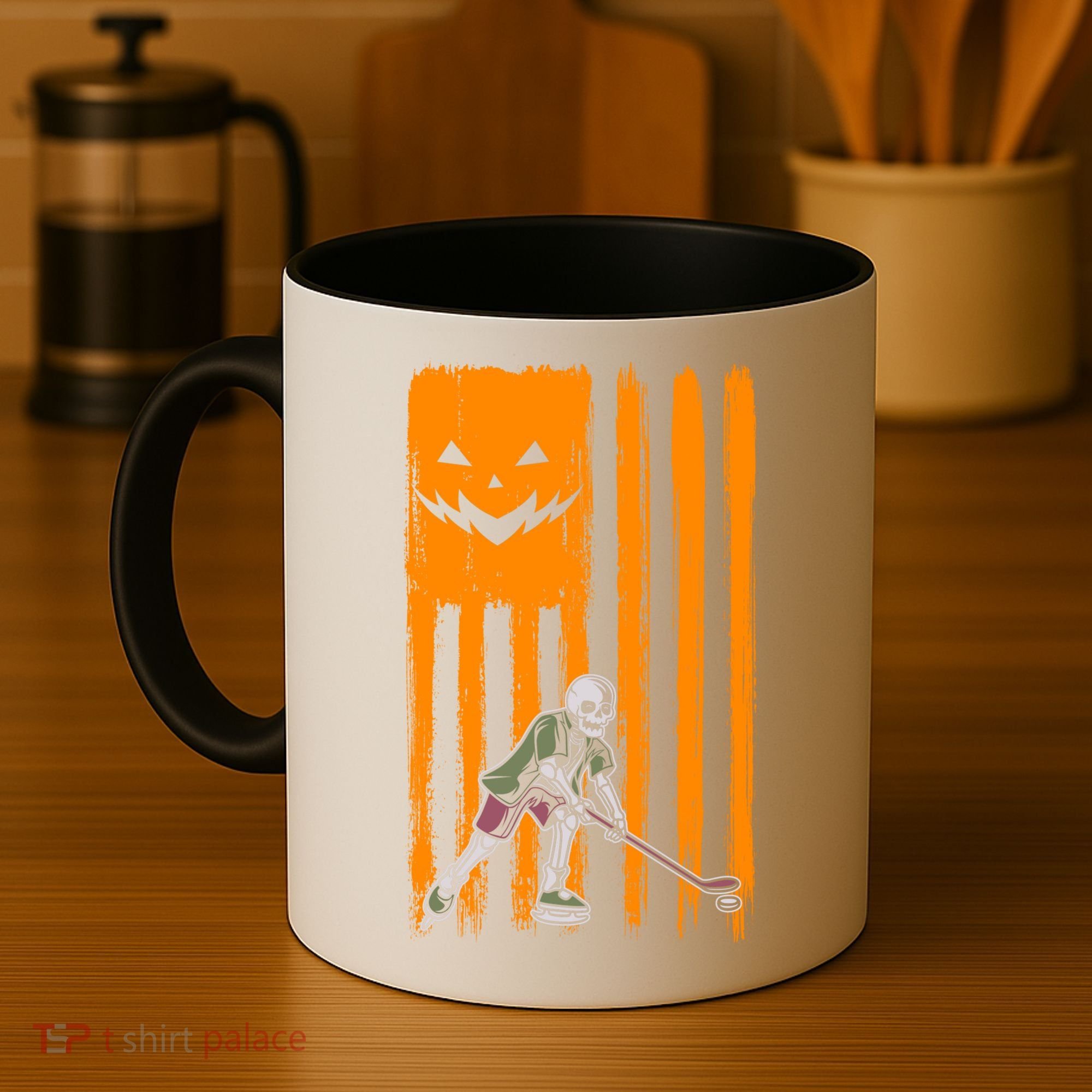 Ice Hockey Skeleton Halloween Boys American Pumpkin Flag Gift Coffee Mug